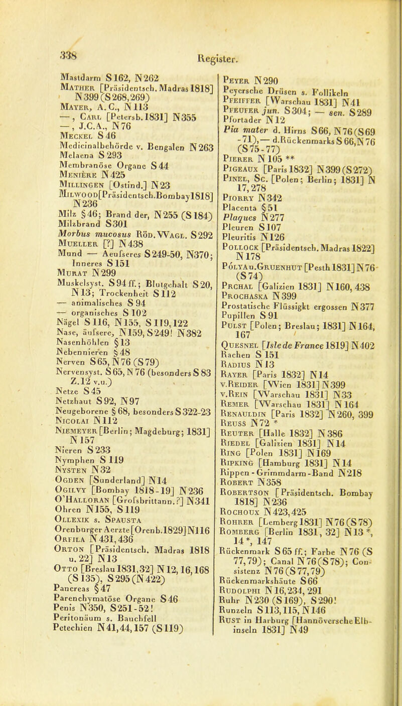 Mastdarm S162, IN 262 Mather [Präsidentsch. Madras 18181 N 399 (S 268,269) Mayer, A.G., IN 113 — , Cari, [Petcrsb. 1831] IN355 —, J.C.A., N 76 Meckel S46 Mcdicinalbehörde v. Bengalen N263 Melaena S 293 Membranöse Organe S44 Meniere IN 425 Millingen [Ostind.] IN23 MlLWOOD[Präsidentsch.Bombavl8181 N236 J J Milz §46; Brand der, IN255 (S 184) Milzbrand S301 Morbus mucosus Röd.Wagl. S292 Mueller [?] IN 438 Mund — Aeufsercs S249-50, N370; Inneres S151 Murat IN 299 Muskelsyst. S 94 ff.; Blutgehalt S20, IN 13; Trockenheit S112 — animalisches S 94 — organisches S 102 Nägel S116, N155, S 119,122 Nase, äufsere, N159, S249! N382 Nasenhöhlen §13 Nebennieren §48 Nerven S 65, N 76 CS 79) Nervensysl. S 65, N 76 (besonders S 83 Z.12 v.u.) Netze S45 Netzhaut S92, N97 Neugeborene §68, besonders S322-23 Nicolai JN112 Niemeyer [Berlin; Magdeburg; 1831] N157 Nieren S 233 Nymphen S 119 Nysten N32 Ogden [Sunderland] N14 Ogilvy [Bombay 1818-19] IN 236 O HallorAN [Grofsbrittann. ?] IN341 Ohren N155, S119 Ollexik s. Spausta Orenburger Aerzte[Orenb.l829] N116 Orfila N 431,436 Orton [Präsidentsch. Madras 1818 u. 22] N 13 Otto [Breslau 1831,32] IN 12,16,168 (S 135), S 295 (N 422) Pancreas §47 Parenchymatöse Organe S46 Penis N 350, S251-52! Peritonäum s. Bauchfell Petechien N41,44,157 (S119) Peyer N290 Pcycrsche Drüsen s. Follikeln Pfeiffer [Warschau 1831] N41 Pfeiffer jun. S304; — sen. S289 Pfortader N12 Pia mater d. Hirns S66, IN 76 (S 69 *71),— d.Rückenmarks S 66,IN 76 (S75-77) PlERER N 105 ** Pigeaux [Paris 1832] N399 (S 272) Pinel, Sc. [Polen; Berlin; 1831] IN 17,278 Piorry IN 342 Placcnta §51 Plaques N277 Pleuren S107 Pleuritis N126 Pollock [Präsidentsch. Madras 18221 N178 Polyau.Gruenhut [Pesth 18311N 76 CS 74) PrchAl [Galizien 1831] N160, 438 Prochaska N399 Prostatische Fiüssigkt ergossen N377 Pupillen S 91 Pulst [Polen; Breslau; 1831] N164, 167 Quksnet. [/sZe de France 1819] N 402 Rachen S 151 Radius N13 RaYER [Paris 1832] N14 v.Reider [Wien 1831] N399 V.Rein [Warschau 1831] N33 Remer [Warschau 1831] IN 164 Renauldin [Paris 1832] N 260, 399 Reuss N72 * Reuter [Halle 1832] N 386 Riedel [Galizien 1831] N14 Ring [Polen 1831] IN 169 RlPKlNG [Hamburg 1831] N14 Rippen - Grimmdarm-Band N218 Robert N358 Robertson [Präsidentsch. Bombay 1818] IN 236 Rochoux N 423,425 Rohrer [Lemberg 1831] N76(S 78) Romberg [Berlin 1831,32] IN 13*, 14 *, 147 Rückenmark S 65 ff.; Farbe N76 (S 77,79); Canal N 76 CS 78); Con- sistenz IN76 CS 77,79) Rückenmarkshäute S66 Rudolphi N 16,234, 291 Ruhr N230 (S169), S290! Runzeln S113,115, N146 Rust in Harburg [Hannoversche Elb- inseln 1831] IN 49