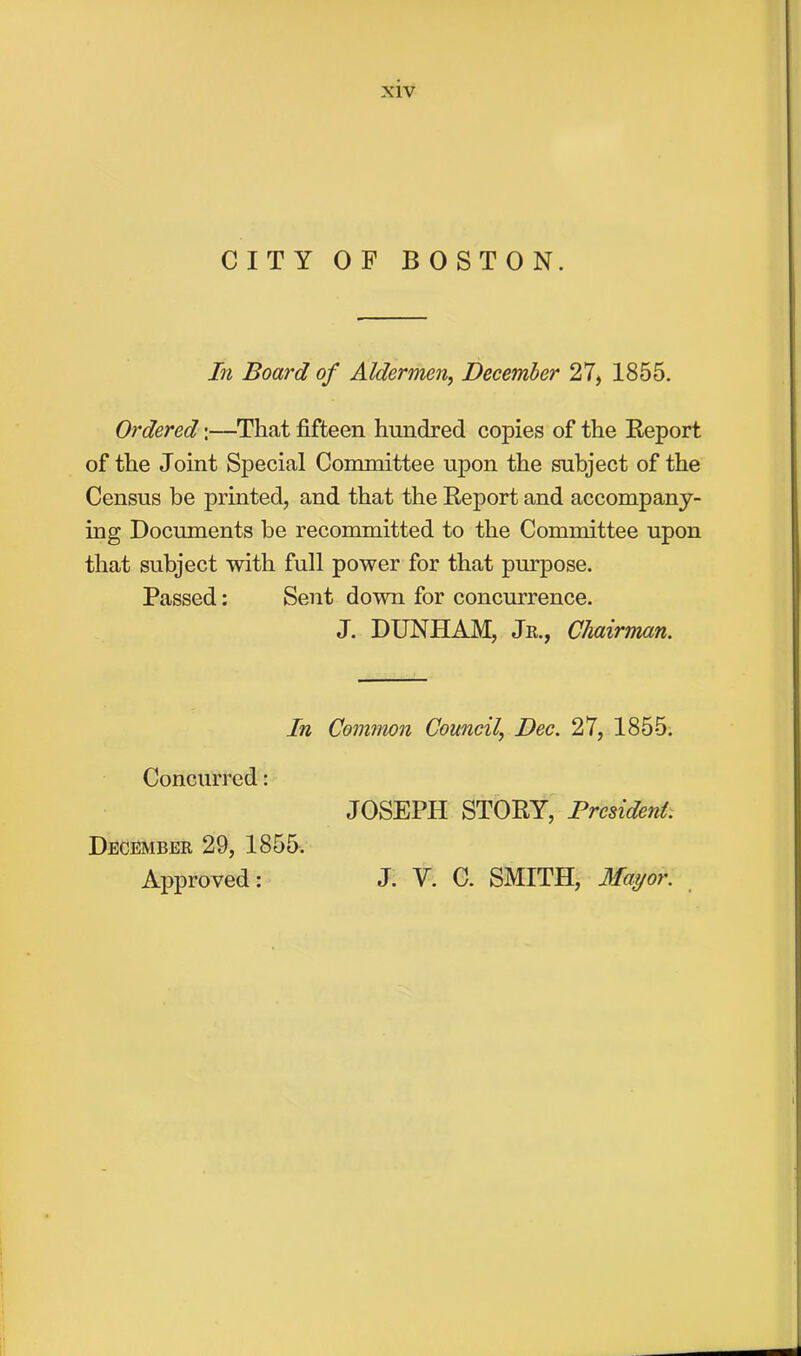 CITY OF BOSTON. In Board of Aldermen,, December 27, 1855. Ordered:—That fifteen hundred copies of the Report of the Joint Special Committee upon the subject of the Census be printed, and that the Report and accompany- ing Documents be recommitted to the Committee upon that subject with full power for that purpose. Passed: Sent down for concurrence. J. DUNHAM, Jr., Chairman. In Common CouncilDec. 27, 1855. Concurred: JOSEPH STORY, President. December 29, 1855. Approved: J. Y. C. SMITH, Mayor.