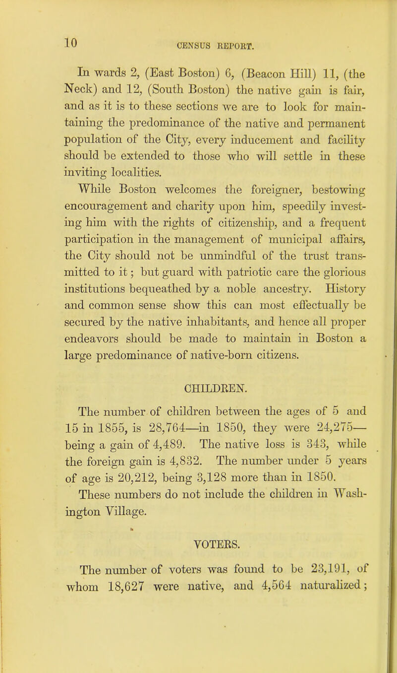 In wards 2, (East Boston) 6, (Beacon Hill) 11, (the Neck) and 12, (South Boston) the native gam is fair, and as it is to these sections we are to look for main- taining the predominance of the native and permanent population of the City, every inducement and facility should be extended to those who will settle in these inviting localities. While Boston welcomes the foreigner, bestowing encouragement and charity upon him, speedily invest- ing him with the rights of citizenship, and a frequent participation in the management of municipal affairs, the City should not be unmindful of the trust trans- mitted to it; but guard with patriotic care the glorious institutions bequeathed by a noble ancestry. History and common sense show this can most effectually be secured by the native inhabitants, and hence all proper endeavors should be made to maintain in Boston a large predominance of native-born citizens. CHILDREN. The number of children between the ages of 5 and 15 in 1855, is 28,764—in 1850, they were 24,275— being a gain of 4,489. The native loss is 343, while the foreign gain is 4,832. The number under 5 years of age is 20,212, being 3,128 more than in 1850. These numbers do not include the children hi Wash- ington Village. VOTERS. The number of voters was found to be 23,191, of whom 18,627 were native, and 4,564 naturalized;