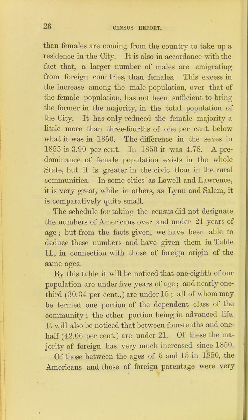 than females are coming from the country to take up a residence in the City. It is also in accordance with the fact that, a larger number of males are emigrating from foreign countries, than females. This excess in the increase among the male population, over that of the female population, has not been sufficient to bring the former in the majority, in the total population of the City. It has only reduced the female majority a little more than three-fourths of one per cent, below what it was hi 1850. The difference in the sexes in 1855 is 3.90 per cent. In 1850 it was 4.78. A pre- dominance of female population exists in the whole State, but it is greater hi the civic than in the rural communities. In some cities as Lowell and Lawrence, it is very great, while in others, as Lynn and Salem, it is comparatively quite small. The schedule for taking the census did not designate the numbers of Americans over and under 21 years of age ; but from the facts given, we have been able to deduqe these numbers and have given them in Table II., hi connection with those of foreign origin of the same ages. By this table it will be noticed that one-eighth of our population are under five years of age; and nearly one- third (30.34 per cent.,) are under 15 ; all of whom may be termed one portion of the dependent class of the community ; the other portion being in advanced life. It will also be noticed that between four-tenths and one- half (42.06 per cent.) are under 21. Of these the ma- jority of foreign has very much increased since 1850. Of those between the ages of 5 and 15 in 1850, the Americans and those of foreign parentage were very