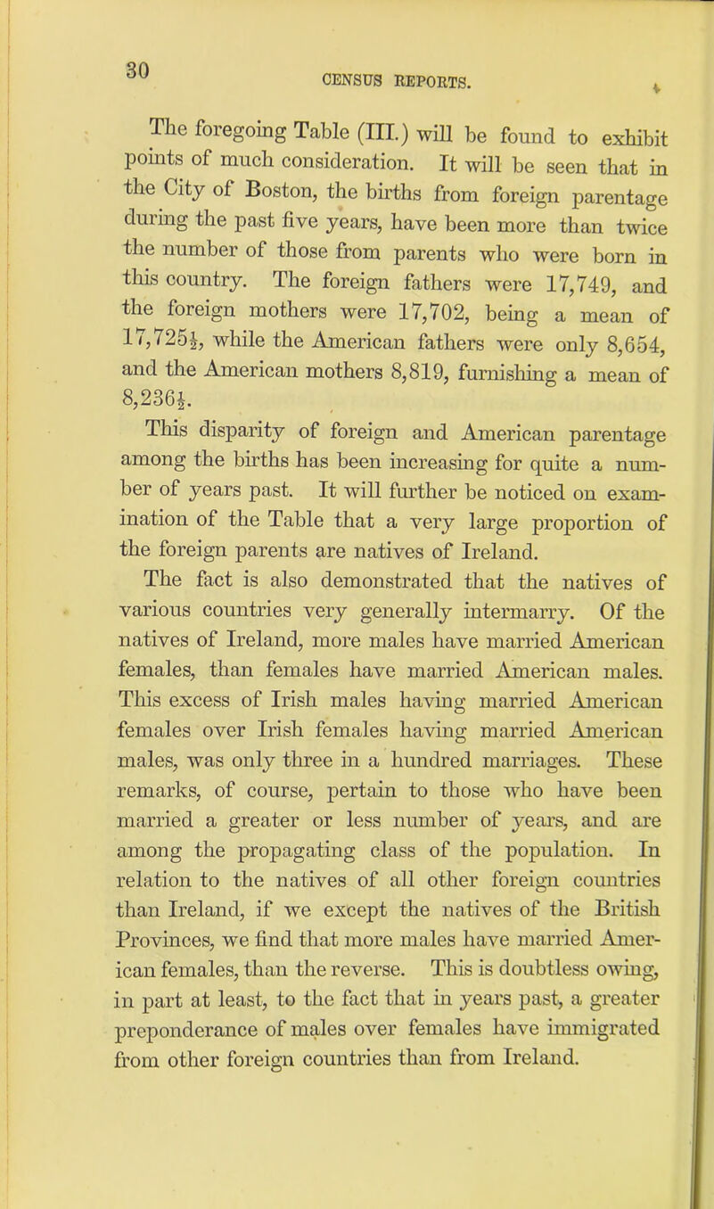 CENSUS REPORTS. The foregoing Table (III.) will be found to exhibit points of much consideration. It will be seen that in the City of Boston, the births from foreign parentage during the past five years, have been more than twice the number of those from parents who were born in this country. The foreign fathers were 17,749, and the foreign mothers were 17,702, being a mean of 17,725|, while the American fathers were only 8,654, and the American mothers 8,819, furnishing a mean of 8,236$. This disparity of foreign and American parentage among the births has been increasing for quite a num- ber of years past. It will further be noticed on exam- ination of the Table that a very large proportion of the foreign parents are natives of Ireland. The fact is also demonstrated that the natives of various countries very generally intermarry. Of the natives of Ireland, more males have married American females, than females have married American males. This excess of Irish males having married American females over Irish females having married American males, was only three in a hundred marriages. These remarks, of course, pertain to those who have been married a greater or less number of years, and are among the propagating class of the population. In relation to the natives of all other foreign countries than Ireland, if we except the natives of the British Provinces, we find that more males have married Amer- ican females, than the reverse. This is doubtless owing, in part at least, to the fact that in years past, a greater preponderance of males over females have immigrated from other foreign countries than from Ireland.