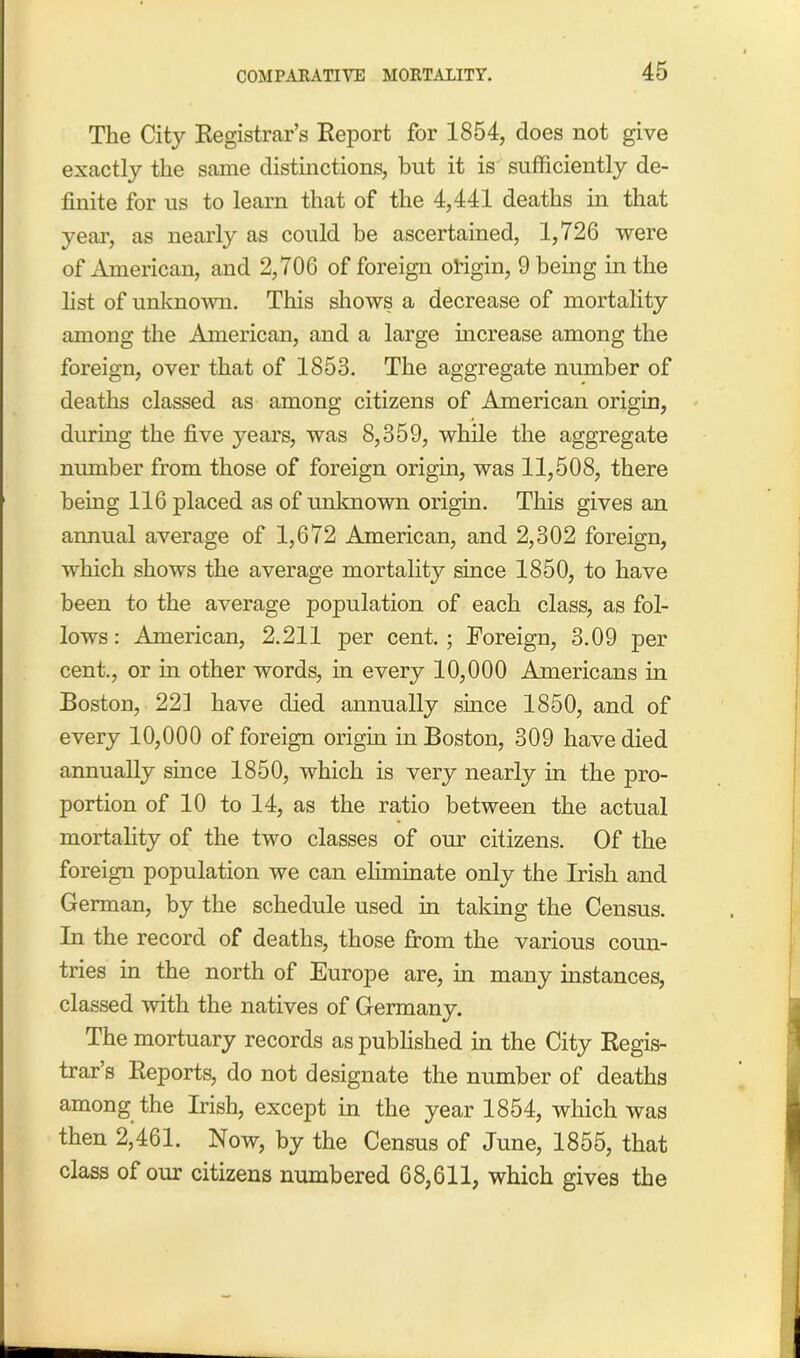 The City Registrar’s Report for 1854, does not give exactly the same distinctions, but it is sufficiently de- finite for us to learn that of the 4,441 deaths in that year, as nearly as could be ascertained, 1,726 were of American, and 2,706 of foreign origin, 9 being in the list of unknown. This shows a decrease of mortality among the American, and a large increase among the foreign, over that of 1853. The aggregate number of deaths classed as among citizens of American origin, during the five years, was 8,359, while the aggregate number from those of foreign origin, was 11,508, there being 116 placed as of unknown origin. This gives an annual average of 1,672 American, and 2,302 foreign, which shows the average mortality since 1850, to have been to the average population of each class, as fol- lows: American, 2.211 per cent.; Foreign, 3.09 per cent., or in other words, in every 10,000 Americans in Boston, 22] have died annually since 1850, and of every 10,000 of foreign origin in Boston, 309 have died annually since 1850, which is very nearly in the pro- portion of 10 to 14, as the ratio between the actual mortality of the two classes of our citizens. Of the foreign population we can eliminate only the Irish and German, by the schedule used in taking the Census. In the record of deaths, those from the various coun- tries in the north of Europe are, in many instances, classed with the natives of Germany. The mortuary records as published in the City Regis- trar s Reports, do not designate the number of deaths among the Irish, except in the year 1854, which was then 2,461. Now, by the Census of June, 1855, that class of our citizens numbered 68,611, which gives the