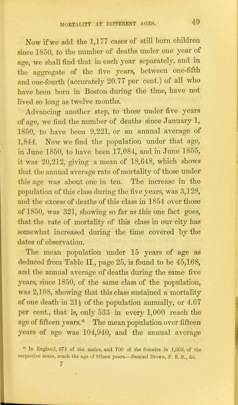 Now if wc add the 1,177 cases of still born children since 1850, to the number of deaths under one year of age, we shall find that in each year separately, and in the aggregate of the five years, between one-fifth and one-fourth (accurately 20.77 per cent.) of all who have been born in Boston during the time, have not lived so long as twelve months. Advancing another step, to those under five years of age, we find the number of deaths since January 1, 1850, to have been 9,221, or an annual average of 1,844. Now we find the population under that age, in June 1850, to have been 17,084, and in June 1855, it was 20,212, giving a mean of 18,648, which shows that the annual average rate of mortality of those under this age was about one in ten. The increase in the population of this class during the five years, was 3,128, and the excess of deaths of this class in 1854 over those of 1850, was 321, showing so far as this one fact goes, that the rate of mortality of this class in our city has somewhat increased during the time covered by the dates of observation. The mean population under 15 years of age as deduced from Table II., page 25, is found to be 45,168, and the annual average of deaths during the same five years, since 1850, of the same class of the population, was 2,108, showing that this class sustained a mortality of one death in 211 of the population annually, or 4.67 per cent., that is, only 533 in every 1,000 reach the age of fifteen years.* The mean population over fifteen years of age was 104,940, and the annual average ° In England, G74 of the males, and 700 of the females in 1,000, of the respective sexes, reach the age of fifteen years.—Samuel Drown, F. S. S., &c. 7