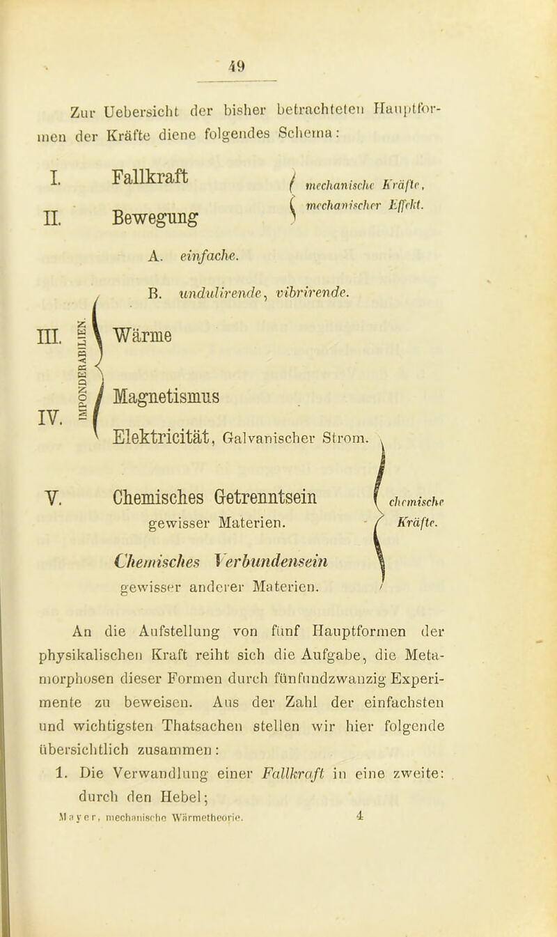 Zur Uebersicht der bisher betrachteten Hauptfor- men der Kräfte diene folgendes Schema: I Fallkraft ^ mechanische Kräfte, t mechanischer Effekt. II. Bewegung > A. einfache. B. undulirende, vibrirende. in. IV. v. 2 W < CS fcä Q Z. o — / Wärme Magnetismus Elektricität, Galvanischer Strom. Chemisches Getrenntsein gewisser Materien. Chemisches T erbundensein gewisser anderer Materien. chemische Kräfte. An die Aufstellung von fünf Hauptformen der physikalischen Kraft reiht sich die Aufgabe, die Meta- morphosen dieser Formen durch fünfundzwanzig Experi- mente zu beweisen. Aus der Zahl der einfachsten und wichtigsten Thatsachen stellen wir hier folgende übersichtlich zusammen: 1. Die Verwandlung einer Fallkraft in eine zweite: durch den Hebel; Mayer, mechanische Wnrmethcorie. 4