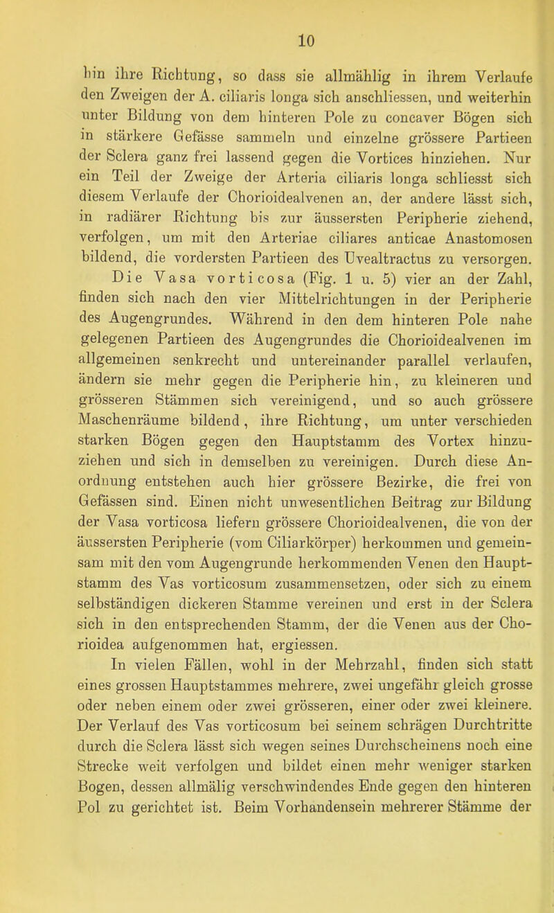 liin ihre Richtung, so dass sie allmählig in ihrem Verlaufe den Zweigen der A, ciliaris longa sich anschliessen, und weiterhin unter Bildung von dem hinteren Pole zu concaver Bögen sich in stärkere Gefässe sammeln und einzelne grössere Partieen der Sclera ganz frei lassend gegen die Vortices hinziehen. Nur ein Teil der Zweige der Arteria ciliaris longa schliesst sich diesem Verlaufe der Chorioidealvenen an, der andere lässt sich, in radiärer Richtung bis zur äussersten Peripherie ziehend, verfolgen, um mit den Arteriae ciliares anticae Anastomosen bildend, die vordersten Partieen des IJvealtractus zu versorgen. Die Vasa vorticosa (Fig. 1 u. 5) vier an der Zahl, finden sich nach den vier Mittelrichtungen in der Peripherie des Augengrundes. Während in den dem hinteren Pole nahe gelegenen Partieen des Augengrundes die Chorioidealvenen im allgemeinen senkrecht und untei’einander parallel verlaufen, ändern sie mehr gegen die Peripherie hin, zu kleineren und grösseren Stämmen sich vereinigend, und so auch grössere Maschenräume bildend , ihre Richtung, um unter verschieden starken Bögen gegen den Hauptstamm des Vortex hinzu- ziehen und sich in demselben zu vereinigen. Durch diese An- ordnung entstehen auch hier grössere Bezirke, die frei von Gefässen sind. Einen nicht unwesentlichen Beitrag zur Bildung der Vasa vorticosa liefern grössere Chorioidealvenen, die von der äussersten Peripherie (vom Ciliarkörper) herkommen und gemein- sam mit den vom Augengrunde herkommenden Venen den Haupt- stamm des Vas vorticosum zusammensetzen, oder sich zu einem selbständigen dickeren Stamme vereinen und erst in der Sclera sich in den entsprechenden Stamm, der die Venen aus der Cho- rioidea aufgenommen hat, ergiessen. In vielen Fällen, wohl in der Mehrzahl, finden sich statt eines grossen Hauptstammes mehrere, zwei ungefähr gleich grosse oder neben einem oder zwei grösseren, einer oder zwei kleinere. Der Verlauf des Vas vorticosum bei seinem schrägen Durchtritte durch die Sclera lässt sich wegen seines Durchscheinens noch eine Strecke weit verfolgen und bildet einen mehr Aveniger starken Bogen, dessen allmälig verschwindendes Ende gegen den hinteren Pol zu gerichtet ist. Beim Vorhandensein mehrerer Stämme der
