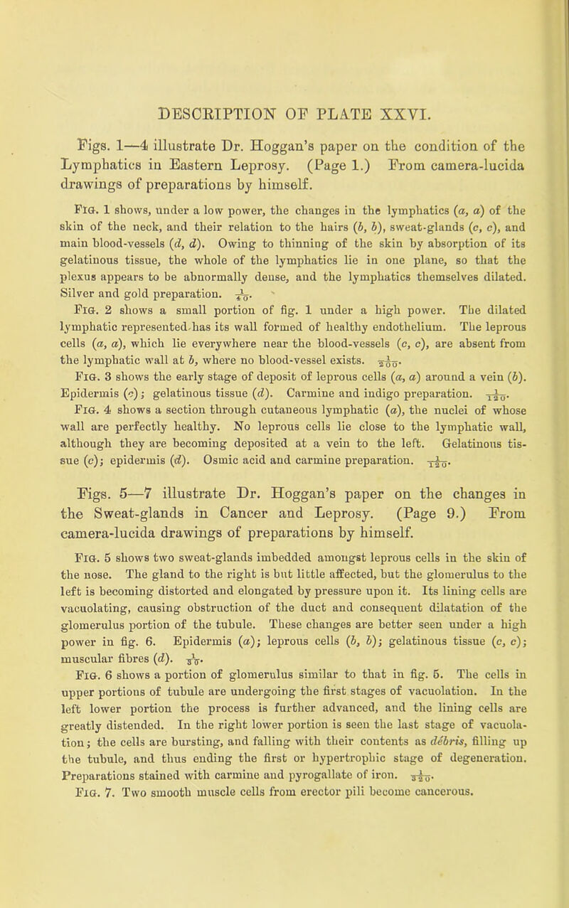 DESCRIPTION OE PLATE XXVI. Eigs. 1—4 illustrate Dr. Hoggan’s paper on the condition of the Lymphatics in Eastern Leprosy. (Page 1.) Erom camera-lucida drawings of preparations by himself. Flo. 1 shows, under a low power, the changes in the lymphatics (a, a) of the skin of the neck, and their relation to the hairs (b, b), sweat-glands (c, c), and main blood-vessels (d, d). Owing to thinning of the skin by absorption of its gelatinous tissue, the whole of the lymphatics lie in one plane, so that the plexus appears to be abnormally dense, and the lymphatics themselves dilated. Silver and gold preparation. -jL. Fio. 2 shows a small portion of fig. 1 under a high power. The dilated lymphatic represented, has its wall formed of healthy endothelium. The leprous cells (a, a), which lie everywhere near the blood-vessels (c, c), are absent from the lymphatic wall at b, where no blood-vessel exists. Fig. 3 shows the early stage of deposit of leprous cells (a, a) around a vein (b). Epidermis (c) ; gelatinous tissue (d). Carmine and indigo preparation, ^ly. Fig. 4 shows a section through cutaneous lymphatic (as), the nuclei of whose wall are perfectly healthy. No leprous cells lie close to the lymphatic wall, although they are becoming deposited at a vein to the left. Gelatinous tis- sue (e)j epidermis (d). Osmic acid and carmine preparation. Eigs. 5—7 illustrate Dr. Hoggan’s paper on tlie changes in the Sweat-glands in Cancer and Leprosy. (Page 9.) Erom camera-lucida drawings of preparations by himself. Fig. 5 shows two sweat-glands imbedded amongst leprous cells in the skin of the nose. The gland to the right is but little affected, hut the glomerulus to the left is becoming distorted and elongated by pressure upon it. Its lining cells are vacuolating, causing obstruction of the duct and consequent dilatation of the glomerulus portion of the tubule. These changes are better seen under a high power in fig. 6. Epidermis (ct); leprous cells (b, b); gelatinous tissue (c, e); muscular fibres (d). -jV Fig. 6 shows a portion of glomerulus similar to that in fig. 6. The cells in upper portious of tubule are undergoing the first stages of vacuolation. In the left lower portion the process is further advanced, and the lining cells are greatly distended. In the right lower portion is seen the last stage of vacuola- tion ; the cells are bursting, and falling with their contents as debris, filling up the tubule, and thus ending the first or hypertrophic stage of degeneration. Preparations stained with carmine and pyrogallate of iron. lr^X5.