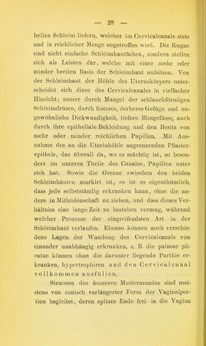 hellen Schleim liefern, welcher im Cervicalcanale stets und in reichlicher Menge angetroffen wird. Die Rugae sind nicht einfache Schleimhautfalten, sondern stellen sich als Leisten där, welche mit einer mehr oder minder breiten Basis der Schleimhaut aufsitzen. Von der Schleimhaut der Höhle des Uteruskörpers unter- scheidet sich diese des Cervicalcanales in vielfacher Hinsicht; ausser durch Mangel der schlauchförmigen Schleimdrüsen, durch festeres, derberes Gefüge und un- gewöhnliche Dickwandigkeit, tiefere Blutgefässe, auch durch ihre epitheliale Bekleidung und den Besitz von mehr oder minder reichlichen Papillem Mit Aus- nahme des an die Uterinhöhle angrenzenden Pllaster- epithels, das überall da, wo es mächtig ist, so beson- ders im unteren Theile des Canales, Papillen unter sich hat. Sowie die Grenze zwischen den beiden Schleimhäuten markirt ist, so ist es eigentliümlich, dass jede selbstständig erkranken kann, ohne die an- dere in Mitleidenschaft zu ziehen, und dass dieses Ver- hältniss eine lange Zeit zu bestehen vermag, während welcher Prozesse der eingreifendsten Art in der Schleimhaut verlaufen. Ebenso können auch verschie- dene Lagen der Wandung des Cervicalcanals von einander unabhängig erkranken, z. B. die palmae pli- catae können ohne die darunter liegende Parthie er- kranken, hypertrophiren und den Cervical canal vollkommen aus füllen. Stenosen des äusseren Muttermundes sind mei- stens von conisch verlängerter Form der Vaginalpor- tion begleitet, deren spitzes Ende frei in die Vagina I