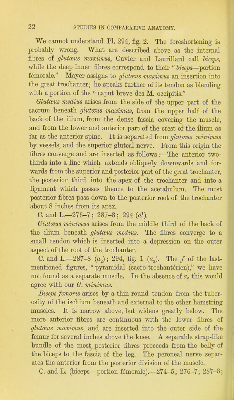 We cannot understand PI. 294, fig. 2. The foreshortening is probably wrong. What are described above as the internal fibres of glutceus maximus, Cuvier and Laurillard call biceps, while the deep inner fibres correspond to their “ biceps—portion femorale.” Mayer assigns to glutceus maximus an insertion into the great trochanter; he speaks further of its tendon as blending with a portion of the “ caput breve des M. occipitis.” Glutceus medius arises from the side of the upper part of the sacrum beneath glutceus maximus, from the upper half of the back of the ilium, from the dense fascia covering the muscle, and from the lower and anterior part of the crest of the ilium as far as the anterior spine. It is separated from glutceus minimus by vessels, and the superior gluteal nerve. Prom this origin the fibres converge and are inserted as follows:—The anterior two- thirds into a line which extends obliquely downwards and for- wards from the superior and posterior part of the great trochanter, the posterior third into the apex of the trochanter and into a ligament which passes thence to the acetabulum. The most posterior fibres pass down to the posterior root of the trochanter about 8 inches from its apex. C. and L.—276-7; 287-8; 294 (a1). Glutceus minimus arises from the middle third of the back of the ilium beneath glutceus medius. The fibres converge to a small tendon which is inserted into a depression on the outer aspect of the root of the trochanter. C. and L.—287-8 (a2); 294, fig. 1 (a2). The / of the last- mentioned figures, “pyramidal (sacro-trochanterien),” we have not found as a separate muscle. In the absence of a2 this would agree with our G. minimus. Biceps femoris arises by a thin round tendon from the tuber- osity of the ischium beneath and external to the other hamstring muscles. It is narrow above, but widens greatly below. The more anterior fibres are continuous with the lower fibres of glutceus maximus, and are inserted into the outer side of the femur for several inches above the knee. A separable strap-like bundle of the most, posterior fibres proceeds from the belly of the biceps to the fascia of the leg. The peroneal nerve separ- ates the anterior from the posterior division of the muscle. C. and L. (biceps—portion femorale).—274-5; 276-7; 287-8;