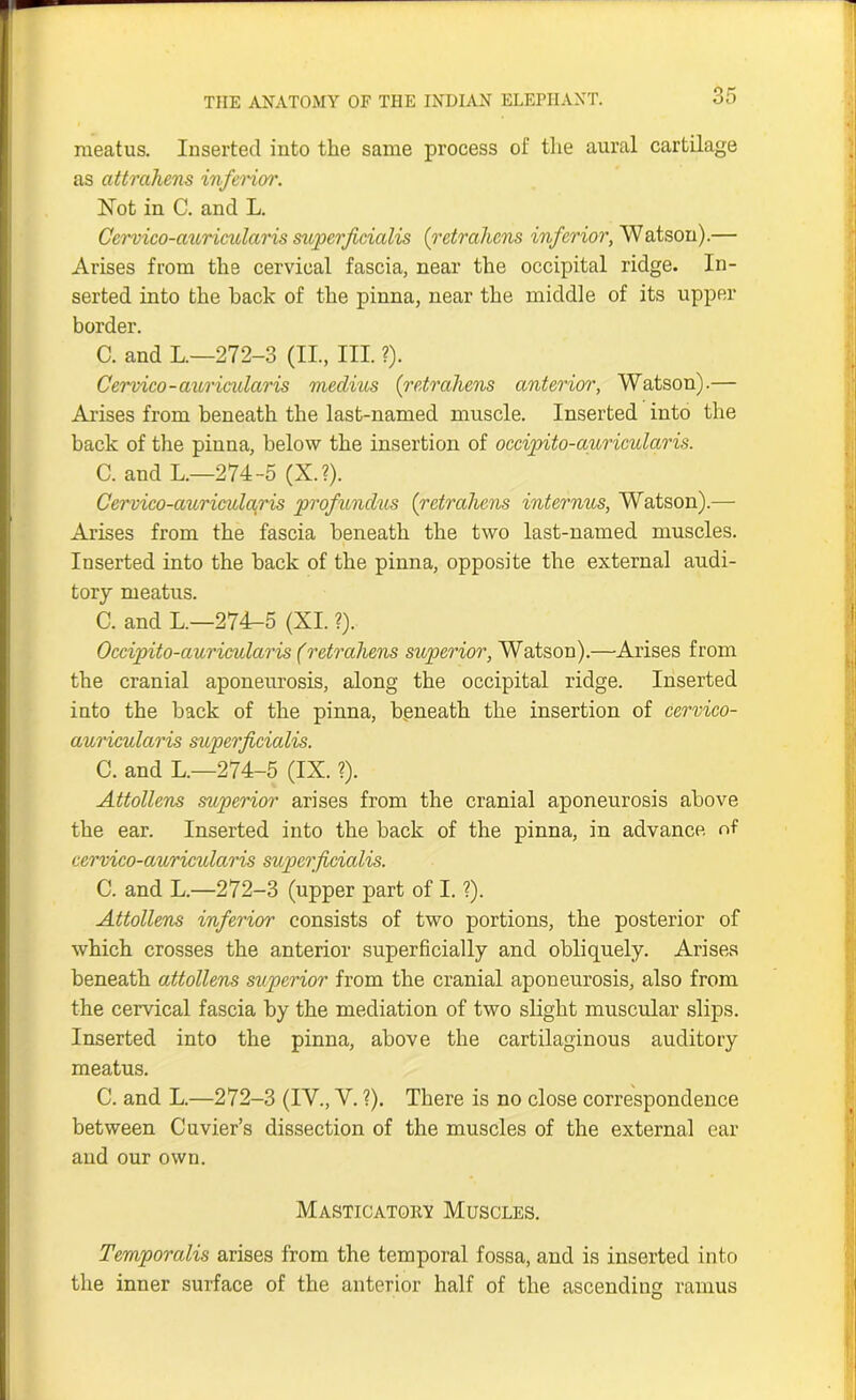 meatus. Inserted into the same process of the aural cartilage as attrcihens inferior. Hot in C. and L. Cervico-auriculctris superficialis (retraliens inferior, Watson).— Arises from the cervical fascia, near the occipital ridge. In- serted into the hack of the pinna, near the middle of its upper border. C. and L.—272-3 (II., III. ?). Cervico-auricidaris medius (retraliens anterior, Watson).— Arises from beneath the last-named muscle. Inserted into the back of the pinna, below the insertion of occipito-auricularis. C. and L.—274-5 (X.?). Cervico-auriculctris profundus (rctrahens internus, Watson).— Arises from the fascia beneath the two last-named muscles. Inserted into the back of the pinna, opposite the external audi- tory meatus. C. and L.—274-5 (XI. ?). Occipito-auricularis (retraliens superior, Watson).—Arises from the cranial aponeurosis, along the occipital ridge. Inserted into the back of the pinna, beneath the insertion of cervico- auricularis superficialis. C. and L.—274-5 (IX. ?). Attollens superior arises from the cranial aponeurosis above the ear. Inserted into the back of the pinna, in advance nf cerrico-auricularis superficialis. C. and L.—272-3 (upper part of I. ?). Attollens inferior consists of two portions, the posterior of which crosses the anterior superficially and obliquely. Arises beneath attollens superior from the cranial aponeurosis, also from the cervical fascia by the mediation of two slight muscular slips. Inserted into the pinna, above the cartilaginous auditory meatus. C. and L.—272-3 (IV., V. ?). There is no close correspondence between Cuvier’s dissection of the muscles of the external ear and our own. Masticatory Muscles. Temporalis arises from the temporal fossa, and is inserted into the inner surface of the anterior half of the ascending ramus