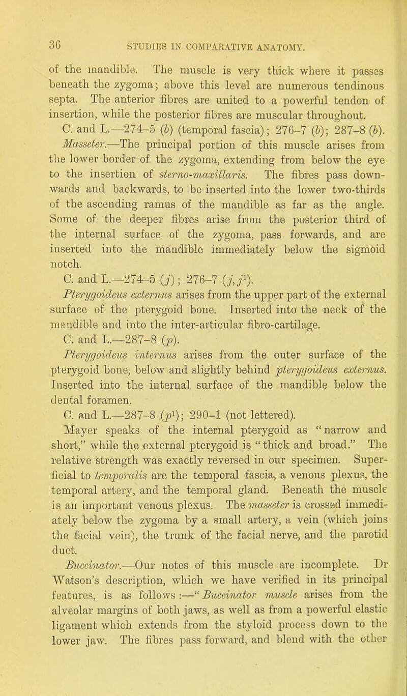 of the inaudible. The muscle is very thick where it passes beneath the zygoma; above this level are numerous tendinous septa. The anterior fibres are united to a powerful tendon of insertion, while the posterior fibres are muscular throughout. C. and L.—274-5 (b) (temporal fascia); 276-7 (5); 287-8 (b). Masseter.—The principal portion of this muscle arises from the lower border of the zygoma, extending from below the eye to the insertion of sterno-maxillaris. The fibres pass down- wards and backwards, to be inserted into the lower two-thirds of the ascending ramus of the mandible as far as the angle. Some of the deeper fibres arise from the posterior third of the internal surface of the zygoma, pass forwards, and are inserted into the mandible immediately below the sigmoid notch. C. and L.—274-5 (j); 276-7 (/./')• Pterygoideus externus arises from the upper part of the external surface of the pterygoid bone. Inserted into the neck of the mandible and into the inter-articular fibro-cartilage. C. and L.—287-8 (p). Pterygoideus interims arises from the outer surface of the pterygoid bone, below and slightly behind pterygoideus externus. Inserted into the internal surface of the mandible below the dental foramen. C. and L.—287-8 (p1)] 290-1 (not lettered). Mayer speaks of the internal pterygoid as “narrow and short,” while the external pterygoid is “thick and broad.” The relative strength was exactly reversed in our specimen. Super- ficial to temporalis are the temporal fascia, a venous plexus, the temporal artery, and the temporal gland. Beneath the muscle is an important venous plexus. The masseter is crossed immedi- ately below the zygoma by a small artery, a vein (which joins the facial vein), the trunk of the facial nerve, and the parotid duct. Buccinator.—Our notes of this muscle are incomplete. Dr Watson’s description, which we have verified in its principal features, is as follows :—“ Buccinator muscle arises from the alveolar margins of both jaws, as well as from a powerful elastic ligament which extends from the styloid process down to the lower jaw. The fibres pass forward, and blend with the other