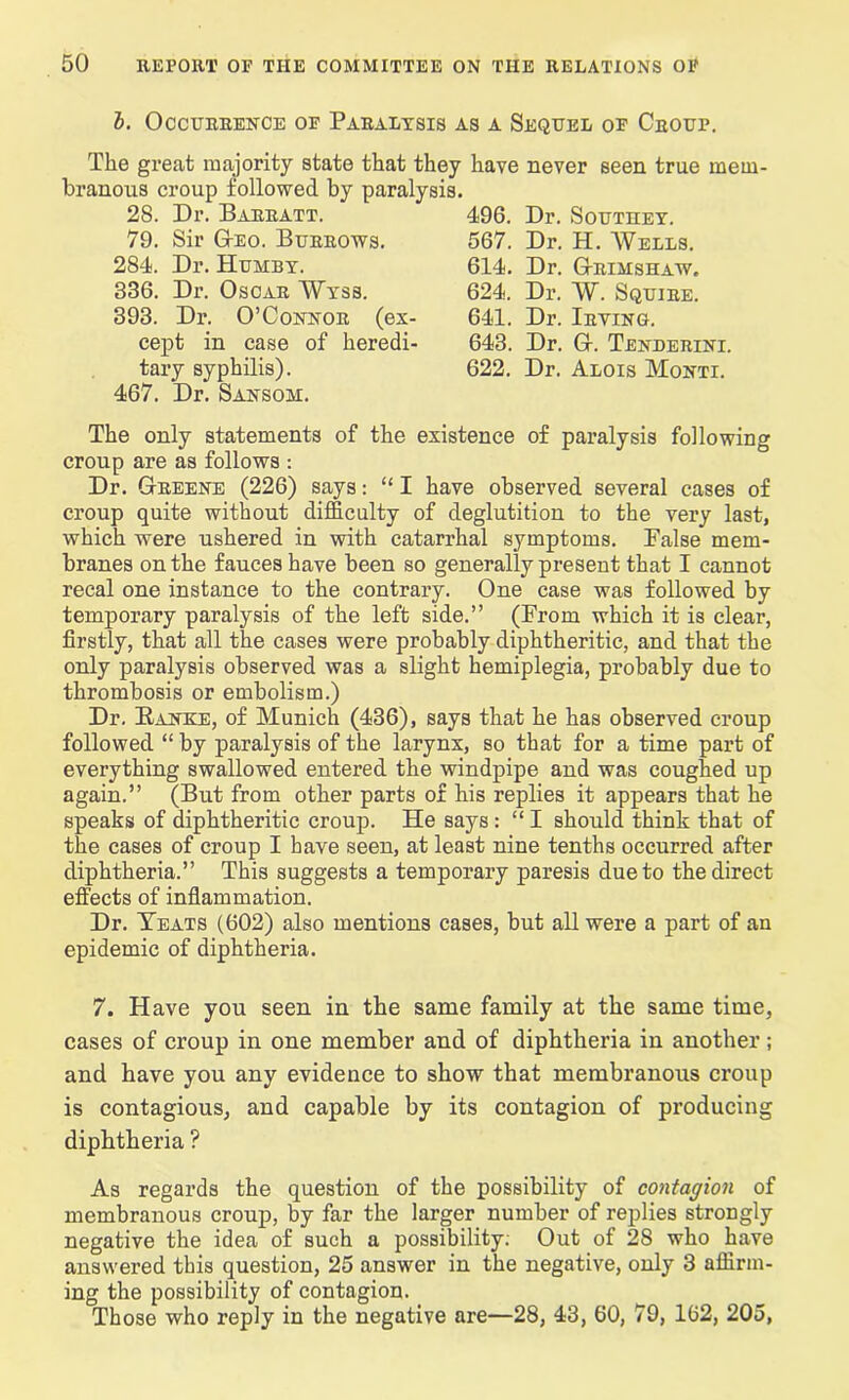 b. Occurrence oe Paralysis as a Sequel oe Croup. The great majority state that they have never seen true mem branous croup followed by paralysis. 28. Dr. Barratt. 496. Dr. Southey. 79. Sir G-eo. Burrows. 284. Dr. Humby. 336. Dr. Oscar Wyss. 393. Dr. O’Connor (ex- cept in case of heredi- tary syphilis). 467. Dr. Sansom. 567. Dr. H. Wells. 614. Dr. G-rimshaw. 624. Dr. W. Squire. 641. Dr. Irving. 643. Dr. G-. Tenderini. 622. Dr. Alois Monti. The only statements of the existence of paralysis following croup are as follows : Dr. Greene (226) says: “ I have observed several cases of croup quite without difficulty of deglutition to the very last, which were ushered in with catarrhal symptoms. False mem- branes on the fauces have been so generally present that I cannot reeal one instance to the contrary. One case was followed by temporary paralysis of the left side.” (From which it is clear, firstly, that all the cases were probably diphtheritic, and that the only paralysis observed was a slight hemiplegia, probably due to thrombosis or embolism.) Dr. Ranke, of Munich (436), says that he has observed croup followed “ by paralysis of the larynx, so that for a time part of everything swallowed entered the windpipe and was coughed up again.” (But from other parts of his replies it appears that he speaks of diphtheritic croup. He says : “ I should think that of the cases of croup I have seen, at least nine tenths occurred after diphtheria.” This suggests a temporary paresis due to the direct effects of inflammation. Dr. Teats (602) also mentions cases, but all were a part of an epidemic of diphtheria. 7. Have you seen in the same family at the same time, cases of croup in one member and of diphtheria in another; and have you any evidence to show that membranous croup is contagious, and capable by its contagion of producing diphtheria ? As regards the question of the possibility of contagion of membranous croup, by far the larger number of replies strongly negative the idea of such a possibility: Out of 28 who have answered this question, 25 answer in the negative, only 3 affirm- ing the possibility of contagion. Those who reply in the negative are—28, 43, 60, 79, 162, 205,