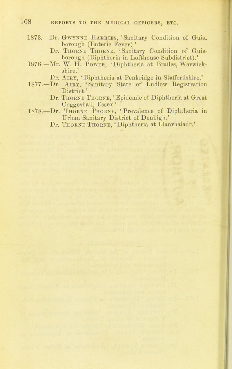 G8 REPORTS TO THE MEDICAL OFFICERS, ETC. 1873.—Dr. Q-wtnne Harries, ‘Sanitary Condition of Guis. borough (Enteric Fever).’ Dr. Tiiorne Thorne, ‘ Sanitary Condition of Guis- borough (Diphtheria in Lofthouse Subdistrict).’ 1876. —Mr. W. H. Power, ‘Diphtheria at Brailes, Warwick- shire.’ Dr. Airy, ‘ Diphtheria at Penkridge in Staffordshire.’ 1877. —Dr. Airy, ‘ Sanitary State of Ludlow Registration District.’ Dr. Thorne Thorne, ‘ Epidemic of Diphtheria at Great Coggeshall, Essex.’ 1878. —Dr. Tiiorne Thorne, ‘Prevalence of Diphtheria in Urban Sanitary District of Denbigh.’ Dr. Tiiorne Thorne, ‘Diphtheria at Llanrhaiadr.’