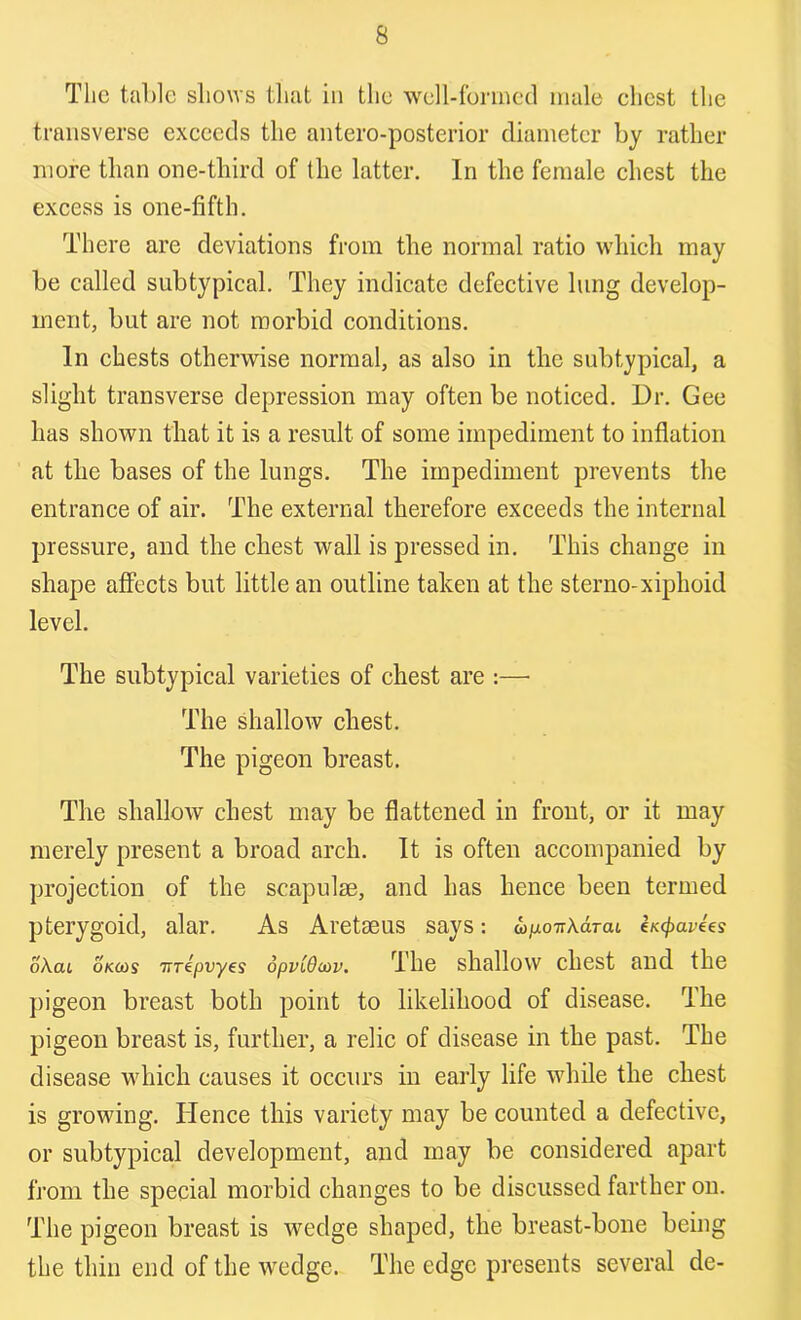 The table shows that in the well-formed male eliest the transverse exceeds the antero-posterior diameter by rather more than one-third of the latter. In the female chest the excess is one-fifth. There are deviations from the normal ratio which may be called subtypical. They indicate defective lung develop- ment, but are not morbid conditions. In chests otherwise normal, as also in the subtypical, a slight transverse depression may often be noticed. Dr. Gee has shown that it is a result of some impediment to inflation at the bases of the lungs. The impediment prevents the entrance of air. The external therefore exceeds the internal pressure, and the chest wall is pressed in. This change in shape affects but little an outline taken at the sterno-xiphoid level. The subtypical varieties of chest are :—• The shallow chest. The pigeon breast. The shallow chest may be flattened in front, or it may merely present a broad arch. It is often accompanied by projection of the scapulae, and has hence been termed pterygoid, alar. As Aretaeus says: wp.o-nXa.TaL h<pavees oXaL okw)s nripvy.es dpvidwv. The shallow chest and the pigeon breast both point to likelihood of disease. The pigeon breast is, further, a relic of disease in the past. The disease which causes it occurs in early life while the chest is growing. Hence this variety may be counted a defective, or subtypical development, and may be considered apart from the special morbid changes to be discussed farther on. The pigeon breast is wedge shaped, the breast-bone being the thin end of the wedge. The edge presents several de-