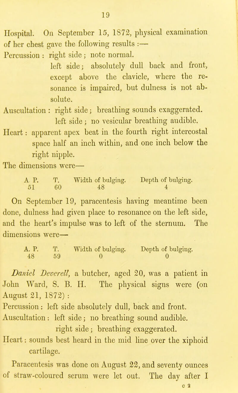 Hospital. On September 15, 1S72, physical examination of her chest gave the following results :— Percussion : right side ; note normal. left side; absolutely dull back and front, except above the clavicle, where the re- sonance is impaired, but dulness is not ab- solute. Auscultation : right side; breathing sounds exaggerated. left side ; no vesicular breathing audible. Heart: apparent apex beat in the fourth right intercostal space half an inch within, and one inch below the right nipple. The dimensions were— A P. T. Width of bulging. Depth of bulging. 51 60 48 4 On September 19, paracentesis having meantime been done, dulness had given place to resonance on the left side, and the heart’s impulse was to left of the sternum. The dimensions were— A. P. T. Width of bulging. Depth of bulging. 48 59 0 0 Daniel Deverell, a butcher, aged 20, was a patient in John Ward, S. B. IT. The physical signs were (on August 21, 1872) : Percussion: left side absolutely dull, back and front. Auscultation : left side; no breathing sound audible. right side; breathing exaggerated. Heart: sounds best heard in the mid line over the xiphoid cartilage. Paracentesis was done on August 22, and seventy ounces of straw-coloured serum were let out. The day after I o a