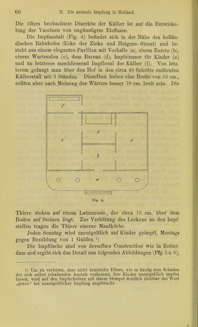 Die öfters beobeachtete Diarrhöe der Kälber ist auf die Entwicke- lung der Vaccinen von ungünstigem Einflüsse. Die Impfanstalt (Fig. 4) befindet sich in der Nähe des hollän- dischen Bahnhofes (Ecke der Zieke und Huigens - Straat) und be- steht aus einem eleganten Pavillon mit Vorhalle (a), einem Entree (b), einem Wartesalon (c), dem Bureau (d), Impfzimmer für Kinder (e) und an letzteres anschliessend Impflocal der Kälber (f). Von letz- terem gelangt man über den Hof in den circa 40 Schritte entfernten Kälberstall mit 3 Ständen. Dieselben haben eine Breite von 63 cm., sollten aber nach Meinung des Wärters besser 70 cm. breit sein. Die Thiere stehen auf einem Lattenroste, der circa 15 cm. über dem Boden auf Steinen liegt. Zur Verhütung des Beckens an den Impf- stellen tragen die Thiere eiserne Maulkörbe. Jeden Sonntag wird unentgeltlich auf Kinder geimpft, Montags gegen Bezahlung von 1 Gulden.x) Die Impftische sind von derselben Construction wie in Rotter- dam und ergibt sich das Detail aus folgenden Abbildungen (Ffg. 5 u. 6), 1) Um zu verhüten, dass nicht bemittelte Eltern, wie es häufig zum Schaden der sich selbst erhaltenden Anstalt vorkommt, ihre Kinder unentgeltlich impfen lassen, wird auf den Impfscheinen mit einem Stempel deutlich sichtbar das Wort „gratis“ hei unentgeltlicher Impfung angebracht.