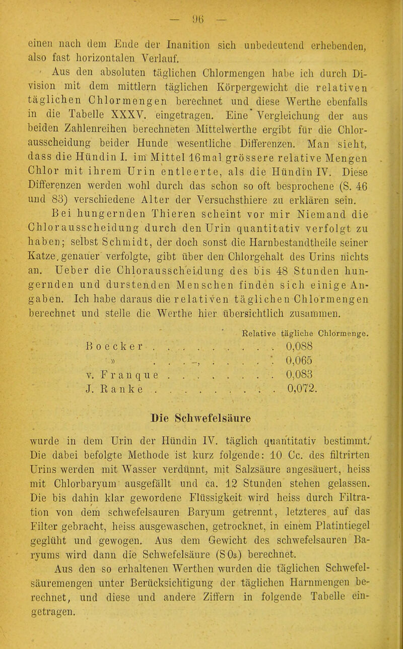 einen nach dem Ende der Inanition sich unbedeutend erhebenden, also fast horizontalen Verlauf. Aus den absoluten täglichen Chlormengen habe ich durch Di- vision mit dem mittlern täglichen Körpergewicht die relativen täglichen Chlormengen berechnet und diese Werthe ebenfalls in die Tabelle XXXV. eingetragen. Eine Vergleichung der aus beiden Zahlenreihen berechneten Mittelwerthe ergibt für die Chlor- ausscheidung beider Hunde wesentliche Differenzen. Man sieht, dass die Hündin I. im Mittel 16mal grössere relative Mengen Chlor mit ihrem Urin entleerte, als die Hündin IV. Diese Differenzen werden wohl durch das schon so oft besprochene (S. 46 und 83) verschiedene Alter der Versuchsthiere zu erklären sein. Bei hungernden Thieren scheint vor mir Niemand die Chlorausscheidung durch den Urin quantitativ verfolgt zu haben; selbst Schmidt, der doch sonst die Harnbestandtheile seiner Katze, genauer verfolgte, gibt über den Chlorgehalt des Urins nichts an. Ueber die Chloraussch’eidung des bis 48 Stunden hun- gernden und durstenden Menschen finden sich einige An- gaben. Ich habe daraus die relativen täglichen Chlormengen berechnet und stelle die Werthe hier übersichtlich zusammen. Relative tägliche Chlormenge. B o e c k e r . . . 0,088 » 0,065 v. Franque 0,083 J. Ranke 0,072. Die Schwefelsäure wurde in dem Urin der Hündin IV. täglich quantitativ bestimmt. Die dabei befolgte Methode ist kurz folgende: 10 Cc. des filtrirten Urins werden mit Wasser verdünnt, mit Salzsäure angesäuert, heiss mit Chlorbaryum ausgefällt und ca. 12 Stunden stehen gelassen. Die bis dahin klar gewordene Flüssigkeit wird heiss durch Filtra- tion von dem schwefelsauren Baryum getrennt, letzteres auf das Filter gebracht, heiss ausgewaschen, getrocknet, in einem Platintiegel geglüht und gewogen. Aus dem Gewicht des schwefelsauren Ba- ryums wird dann die Schwefelsäure (SOs) berechnet. Aus den so erhaltenen Werthen wurden die täglichen Sclnvefel- säuremengen unter Berücksichtigung der täglichen Harnmengen be- rechnet, und diese und andere Ziffern in folgende Tabelle ein- getragen.