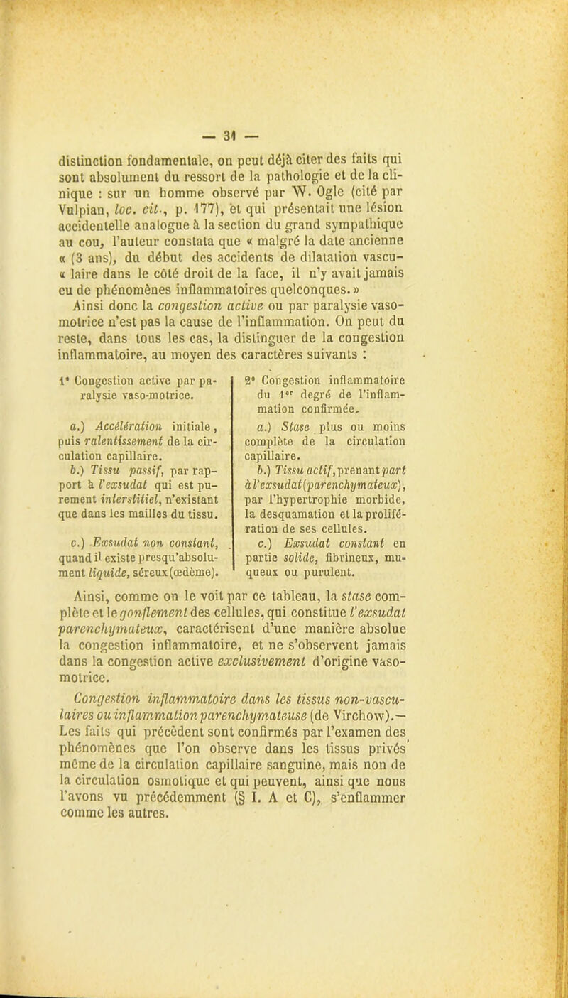 distinction fondamentale, on peut déjà citer des faits qui sont absolument du ressort de la pathologie et de la cli- nique : sur un homme observé par W. Ogle (cité par Vulpian, loc. cil., p. 177), et qui présentait une lésion accidentelle analogue à la section du grand sympathique au cou, l’auteur constata que « malgré la date ancienne « (3 ans), du début des accidents de dilatation vascu- « laire dans le côté droit de la face, il n’y avait jamais eu de phénomènes inflammatoires quelconques.» Ainsi donc la congestion active ou par paralysie vaso- motrice n’est pas la cause de l’inflammation. On peut du reste, dans tous les cas, la distinguer de la congestion inflammatoire, au moyen des caractères suivants : 1* Congestion active par pa- ralysie vaso-motrice. o.) Accélération initiale, puis ralentissement de la cir- culation capillaire. b. ) Tissu passif, par rap- port à l’exsudât qui est pu- rement interstitiel, n’existant que dans les mailles du tissu. c. ) Exsudât non constant, quand il existe presqu’absolu- ment liquide, séreux (œdème). 2° Congestion inflammatoire du lor degré de l’inflam- mation confirmée. а. ) Stase plus ou moins complète de la circulation capillaire. б. ) Tissu actif, prenant part à l‘exsudat{parcnchymateux), par l’hypertrophie morbide, la desquamation et la prolifé- ration de ses cellules. c.) Exsudât constant en partie solide, fibrineux, mu- queux ou purulent. Ainsi, comme on le voit par ce tableau, la stase com- plète et le gonflement des cellules, qui constitue l’exsudât parenchijmateux, caractérisent d’une manière absolue la congestion inflammatoire, et ne s’observent jamais dans la congestion active exclusivement d’origine vaso- motrice. Congestion inflammatoire dans les tissus non-vascu- laires ouinflammationparenchymateuse (de Virchow).— Les faits qui précèdent sont confirmés par l’examen des phénomènes que l’on observe dans les tissus privés’ même de la circulation capillaire sanguine, mais non de la circulation osmotique et qui peuvent, ainsi que nous l’avons vu précédemment (§ 1. A et C), s’enflammer comme les autres.