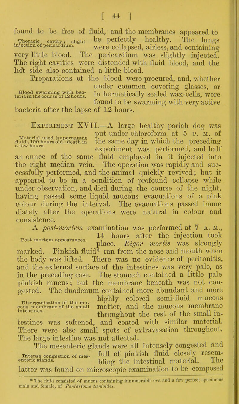 Thoracic cavity; slight injection of pericardium. Blood s-warming with bac- teriainthe course of 12 hours. found to be free of fluid, and the membranes appeared to be perfectly liealthy. The lungs were collapsed, airless, and containing very little blood. The pericardium was slightly injected. The right cavities were distended with fluid blood, and the left side also contained a little blood. Preparations of the blood were procured, and, whether under common covering glasses, or in hermetically sealed wax-cells, were found to be swarming with very active bacteria after the lapse of 12 hours. Experiment XVII.—A large healthy pariah dog was put under chloroform at 5 p. m. of Material used (supernatant T, i . i . t fluid), 100 hours old: death in the same day m which the preceding a few hours. . , * r, -| -1-1-fe experiment was performed, and hall an ounce of the same fluid employed in it injected into the right median vein. The operation was rapidly and suc- cessfully performed, and the animal quickly revived; but it appeared to be in a condition of profound collapse while under observation, and died during the course of the night, having passed some liquid mucous evacuations of a pink colour during the interval. The evacuations passed imme diately after the operations were natural in colour and consistence. A 'post-mortem examination was performed at 7 a. m., 14 hours after the injection took place. Rigor mortis was strongly marked. Pinkish fluid* ran from the nose and mouth when the body was lifted. There was no evidence of peritonitis, and the external surface of the intestines was very pale, as in the preceding case. The stomach contained a little pale pinkish mucus; but the membrane beneath was not con- gested. The duodenum contained more abundant and more highly colored semi-fluid mucous Disorganisation of the mu- , ,, -i cous membrane of tbe smau matter, and the mucous membrane throughout the rest of the small in- testines was softened, and coated with similar material. There were also small spots of extravasation throughout. The large intestine was not affected. The mesenteric glands were all intensely congested and intense congestion of mes- full of pinkish fluid closely resem- entericglands. bling the intestinal material. The latter was found on microscopic examination to be composed * The fluid consisted of mucus containing innumerable ova and a few perfect specimens male and female, of Penfastoma tcenioides. Post-mortem appearances.