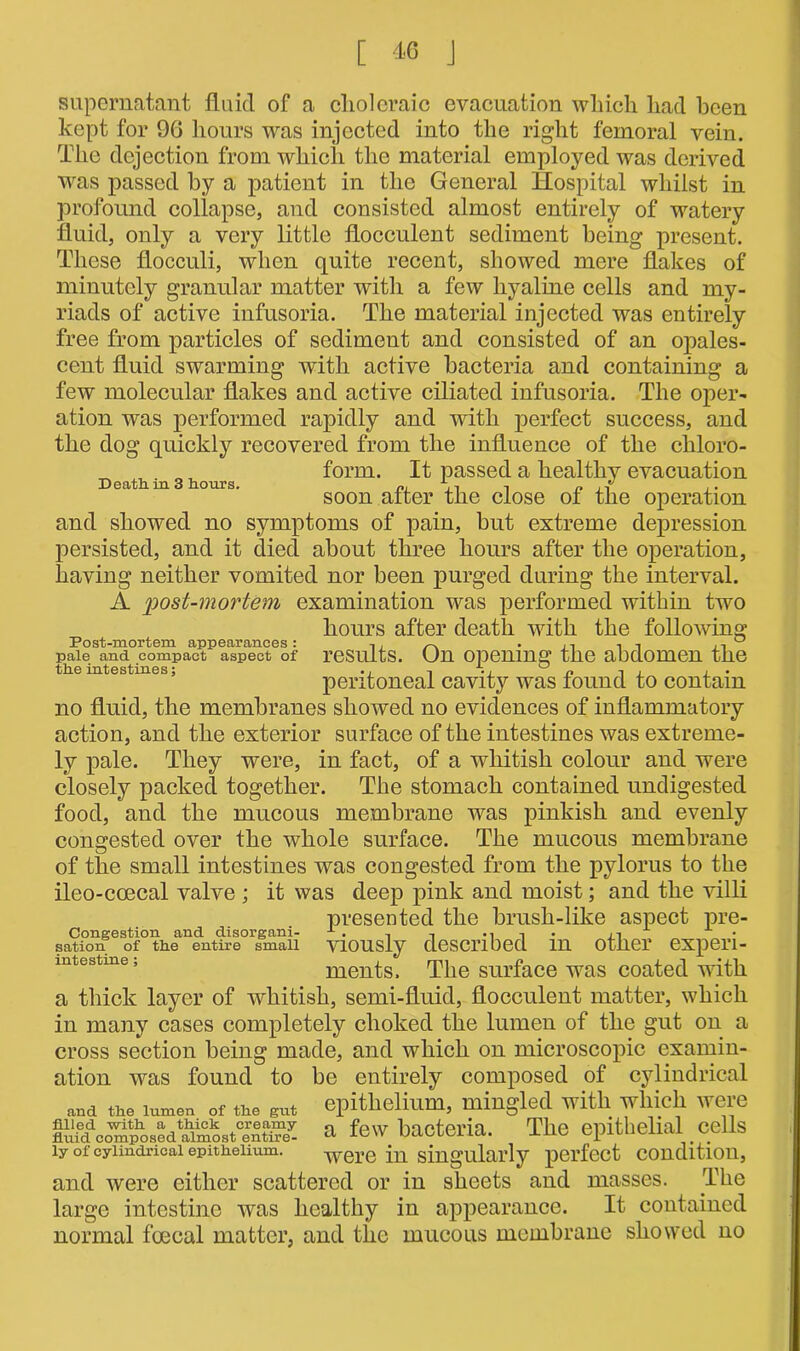 supernatant fluid of a choleraic evacuation which had been kept for 96 hours was injected into the right femoral vein. The dejection from which the material employed was derived was passed by a patient in the General Hospital whilst in profound collapse, and consisted almost entirely of watery fluid, only a very little flocculent sediment being present. These flocculi, when quite recent, showed mere flakes of minutely granular matter with a few hyaline cells and my- riads of active infusoria. The material injected was entirely free from particles of sediment and consisted of an opales- cent fluid swarming with active bacteria and containing a few molecular flakes and active ciliated infusoria. The oper- ation was performed rapidly and with perfect success, and the dog quickly recovered from the influence of the chloro- , „, form. It passed a healthy evacuation Death, m 3 hours. n, n ^ .. soon alter the close of the operation and showed no symptoms of pain, but extreme depression persisted, and it died about three hours after the operation, having neither vomited nor been purged during the interval. A post-mortem examination was performed within two hours after death with the following Post-mortem appearances: ,, „ . ° pale and compact aspect of results. On opening the abdomen the the intestines; ., n ., 0 P , , . peritoneal cavity was found to contain no fluid, the membranes showed no evidences of inflammatory action, and the exterior surface of the intestines was extreme- ly pale. They were, in fact, of a whitish colour and were closely packed together. The stomach contained undigested food, and the mucous membrane was pinkish and evenly congested over the whole surface. The mucous membrane of the small intestines was congested from the pylorus to the ileo-coecal valve ; it was deep pink and moist; and the villi presented the brush-like aspect pre- Congestion and disorgani- x. n sation of the entire small VIOUSly described 1U Other expei’l- mtestme; ments. The surface was coated with a thick layer of whitish, semi-fluid, flocculent matter, which in many cases completely choked the lumen of the gut on a cross section being made, and which on microscopic examin- ation was found to be entirely composed of cylindrical and the lumen of the eut epithelium, mingled with which were S!fddeo’Slho»SdSko.tcaf£l a few bacteria. The epithelial cells iy of cylindrical epithelium. were in singularly perfect condition, and were either scattered or in sheets and masses. The large intestine was healthy in appearance. It contained normal fcecal matter, and the mucous membrane showed no