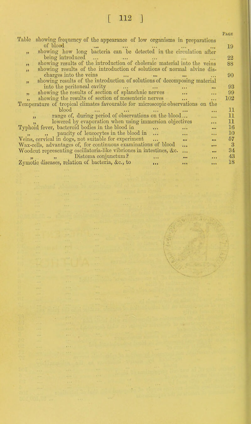 Page Table showing frequency of the appearance of low organisms in preparations of blood ... ... ... ... ... 19 „ showing how long bacteria can be detected in the circulation after being introduced ... ... ... ... ... 22 „ showing results of the introduction of choleraic material into the veins 88 „ showing results of the introduction of solutions of normal alvine dis- charges into the veins ... ... ... ... 90 „ showing results of the introduction of solutions of decomposing material into the peritoneal cavity ... ... ... ... 93 „ showing the results of section of splanchnic nerves ... ... 99 „ showing the results of section of mesenteric nerves ... ... 102 Temperature of tropical climates favourable for microscopic observations on the blood ... ... ... ... ... 11 „ range of, during period of observations on the blood... ... 11 „ lowered by evaporation when using immersion objectives ... 11 Typhoid fever, bacteroid bodies in the blood in ... ... ... 16 „ ,, paucity of leucocytes in the blood in ... ... ... 10 Yeins, cervical in dogs, not suitable for experiment ... ... ... 57 Wax-cells, advantages of, for continuous examinations of blood ... ... 3 Woodcut representing oscillatoria-like vibriones in intestines, &c. ... ... 34 „ „ Distoma conjunctum? ... ... ... 43 Zymotic diseases, relation of bacteria, &c., to 18