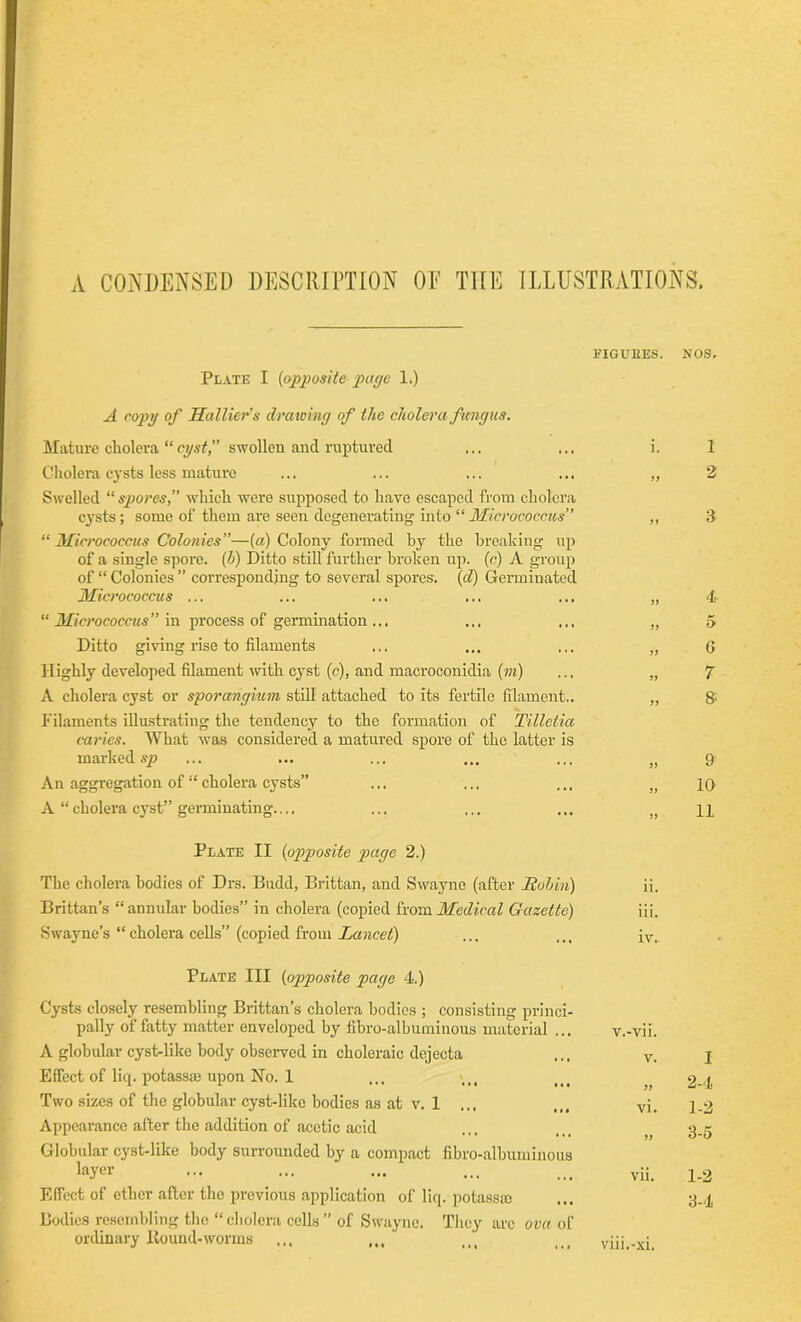 A CONDENSED DESCRIPTION OF THE ILLUSTRATIONS, Plate I (opposite page 1.) FIGUBES. NOS. A copy of Hallier’s drawing of the cholera fungus. Mature cholera “ cyst,” swollen and ruptured i. 1 Cholera cysts less mature 99 2 Swelled “spores,” which were supposed to have escaped from cholera cysts; some of them are seen degenerating into “ Micrococcus” 99 3 “ Micrococcus Colonies”—(a) Colony formed by the breaking up of a single spore, (h) Ditto still further broken up. (c) A group of “ Colonies ” corresponding to several spores, (cl) Germinated Micrococcus ... 99 4, “ Micrococcus” in process of germination ... 99 5 Ditto giving rise to filaments 99 6 Highly developed filament with cyst (cj, and macroconidia (m) 99 7 A cholera cyst or sporangium still attached to its fertile filament.. 99 8 Filaments illustrating the tendency to the formation of Tilletia caries. What was considered a matured spore of the latter is marked sp 99 9 An aggregation of “ cholera cysts” 99 10 A “ cholera cyst” germinating.... 99 11 Plate II (opposite page 2.) The cholera bodies of Drs. Budd, Brittan, and Svvayne (after Robin) ii. Brittan’s “ annular bodies” in cholera (copied from Medical Gazette) iii. Swayne’s “ cholera cells” (copied from Lancet) iv. Plate III (opposite page 4.) Cysts closely resembling Brittan’s cholera bodies ; consisting princi- pally of fatty matter enveloped by fibro-albuminous material ... v.-vii. A globular cyst-like body observed in choleraic dejecta V. I Effect of licp potassaj upon No. 1 99 2-4 Two sizes of the globular cyst-like bodies as at v. 1 ... vi. 1-2 Appearance after the addition of acetic acid jj 3-5 Globular cyst-like body surrounded by a compact fibro-albuminous layer vii. 1-2 Effect of ether after the previous application of liq. potassaj 3-4 Bodies resembling the “cholera cells” of Swaync. They are ova of ordinary ltound-worms ,,, viii.-xi.