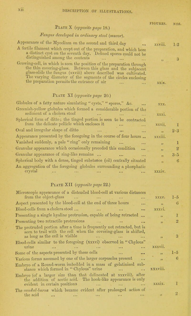 Plate X (opposite page 18.) Fungus developed in ordinary stool (mucor). Appearance of the Mycelium on the second and third day A fertile filament which crept out of the preparation, and which bore a distinct cyst on tho seventh day. Defined spores could not be distinguished among the contents Growing-cell, in which is seen the position of the preparation through the thin covering-glass. Between this glass and tho subjacent glass-slide the fungus (xxviii) above described was cultivated. The varying diameter of the segments of the circles enclosing the preparation permits the entrance of air FIGURES. xxviii. » xxix. NOS. 1-2 3 Plate XI (opposite page 20.) Globules of a fatty nature simulating “ cysts,” “ spores,” &c. ... Greenish-yellow globules which formed a considerable portion of the sediment of a cholera stool Spherical form of ditto ; the tinged portion is seen to be contracted from the delicate pellicle which encloses it Oval and irregular shape of ditto Appearance presented by the foregoing in the course of four hours... Vanished suddenly, a pale “ ring” only remaining Granular appearance which occasionally preceded this condition Granular appearance of ring-like remains ... Spherical body with a dense, tinged substance (oil) centrally situated An aggregation of the foregoing globules surrounding a phosphatic crystal XXX. xxxi. xxxii. 99 xxxiii. 99 99 99 99 1 2- 3 1 2 3- 5 6 xxxiv. Plate XII (opposite page 22.) Microscopic appearance of a distended blood-cell at various distances from the object-glass Aspect presented by the blood-cell at the end of three hours Blood-cells from a cholera stool ... Presenting a single hyaline protrusion, capable of being retracted ... Presenting two retractile protrusions The protruded portion after a time is frequently not retracted, but is seen to trail with the cell when the covering-glass is shifted, as long as the cell is visible Blood-cells similar to the foregoing (xxxvi) observed in “ Chylous” urine Some of the aspects presented by these cells Various forms assumed by one of the larger corpuscles present Embryo of a Bound-worm imbedded in a mass of gelatinised sub- stance which formed in “ Chylous” urine Embryo (of a larger size than that delineated at xxxviii), after the addition of acetic acid. The hook-like appearance is only evident in certain positions The caudal-bursa which became evident after prolonged action of the acid ,,, ... ... ... ••• xxxv. 99 xxxvi. 99 99 99 xxx vii. 99 99 xxxviii. xxxix. 99 1-5 G 1 3 1-5 6 1 • •«