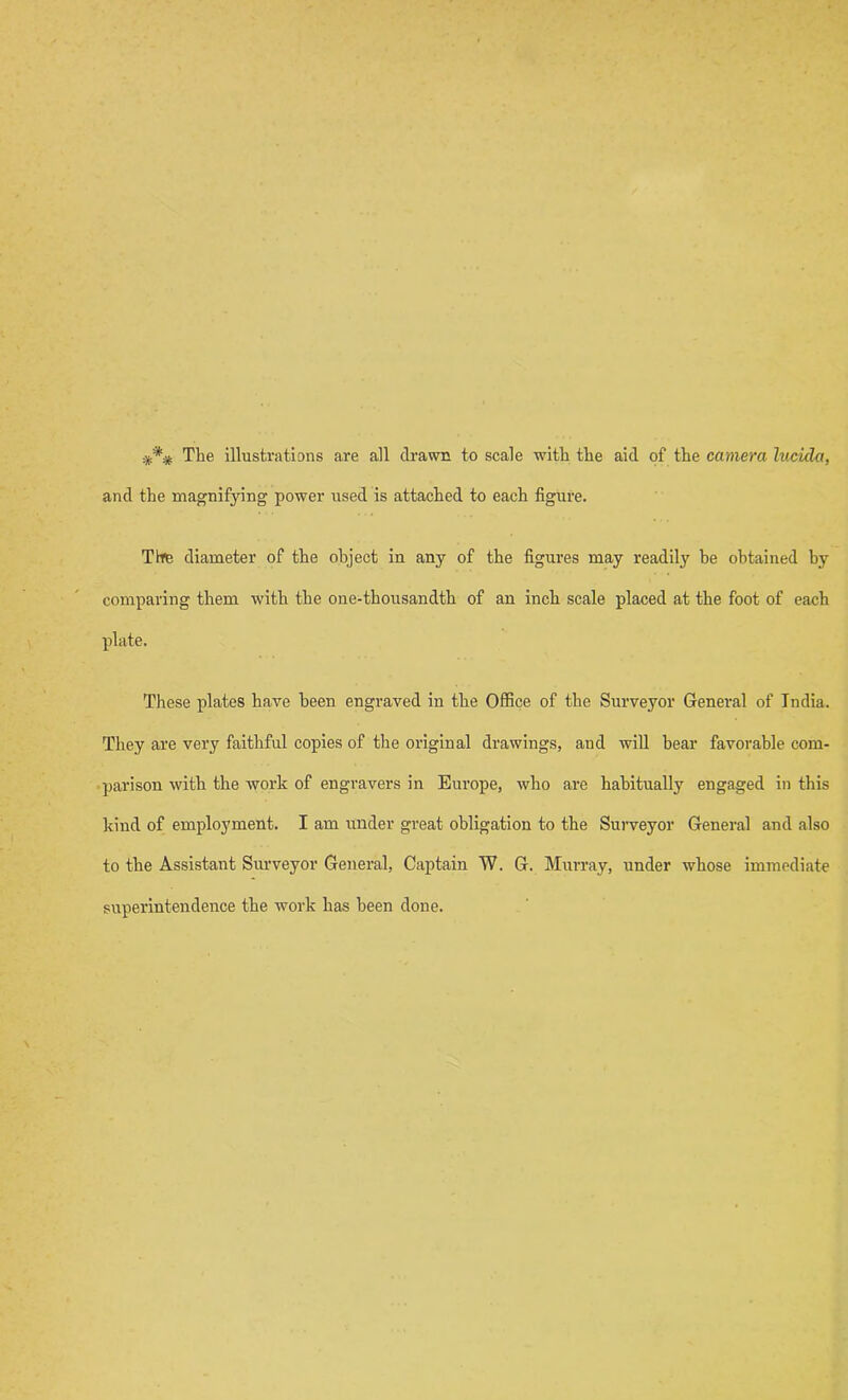 *** The illustrations are all drawn to scale with the aid of the camera lucicla, and the magnifying power used is attached to each figure. The diameter of the object in any of the figures may readily he obtained by comparing them with the one-thousandth of an inch scale placed at the foot of each plate. These plates have been engraved in the Office of the Surveyor General of India. They are very faithful copies of the original drawings, and will hear favorable com- parison with the work of engravers in Europe, who are habitually engaged in this kind of employment. I am under great obligation to the Surveyor General and also to the Assistant Surveyor General, Captain W. G. Murray, under whose immediate superintendence the work has been done.
