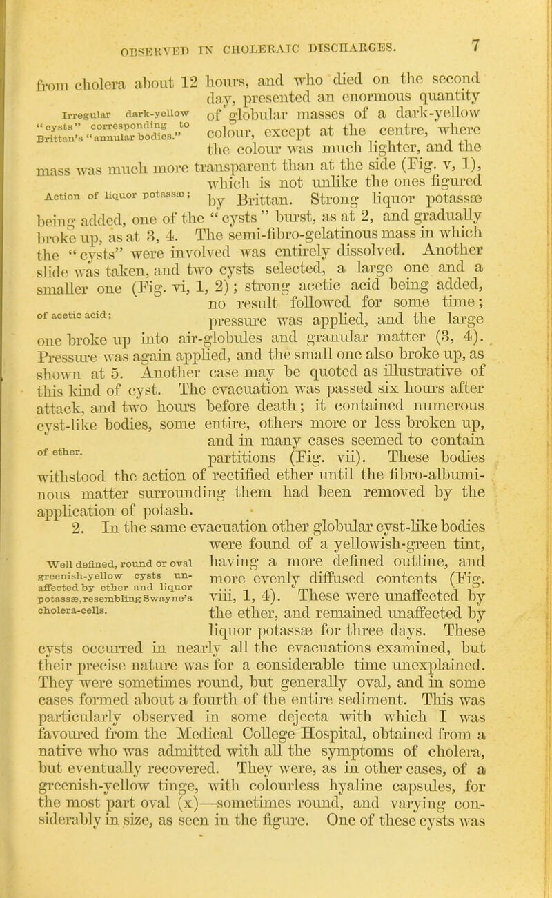 from cholera about 12 hours, and who died on the second day, presented an enormous quantity irregular dark-yellow 0f globular masses of a dark-yellow colour, except at the centre, where the colour was much lighter, and the mass was much more transparent than at the side (Pig. v, 1), which is not unlike the ones figured Action of liquor potass®; ^ Brittau. Strong liquor potassae being added, one of the “ cysts ” burst, as at 2, and gradually broke up, as at 3, 4. The semi-fibro-gelatinous mass in which the “ cysts” were involved was entirely dissolved. Another slide was taken, and two cysts selected, a large one and a smaller one (Pig. vi, 1, 2); strong acetic acid being added, no result followed for some time; of acetic acid; pressure was applied, and the large one broke up into air-globules and granular matter (3, 4). Pressure was again applied, and the small one also broke up, as shown at 5. Another case may be quoted as illustrative of this kind of cyst. The evacuation was passed six hours after attack, and two horns before death; it contained numerous cyst-like bodies, some entire, others more or less broken up, and in many cases seemed to contain 01 ettier‘ partitions (Pig. vii). These bodies withstood the action of rectified ether until the fibro-albunii- nous matter surrounding them had been removed by the application of potash. 2. In the same evacuation other globular cyst-like bodies were found of a yellowish-green tint, having a more defined outline, and more evenly diffused contents (Pig. viii, 1, 4). These were unaffected by the ether, and remained unaffected by liquor potassae for three days. These cysts occurred in nearly all the evacuations examined, but their precise nature was for a considerable time unexplained. They were sometimes round, but generally oval, and in some cases formed about a fourth of the entire sediment. This was particularly observed in some dejecta with which I was favoured from the Medical College Hospital, obtained from a native who was admitted with all the symptoms of cholera, but eventually recovered. They were, as in other cases, of a greenish-yellow tinge, with colourless hyaline capsules, for the most part oval (x)—sometimes round, and varying con- siderably in size, as seen in the figure. One of these cysts was Well defined, round or oval greenish-yellow cysts un- affected by ether and liquor potassae,resembling Swayne’s cholera-cells.