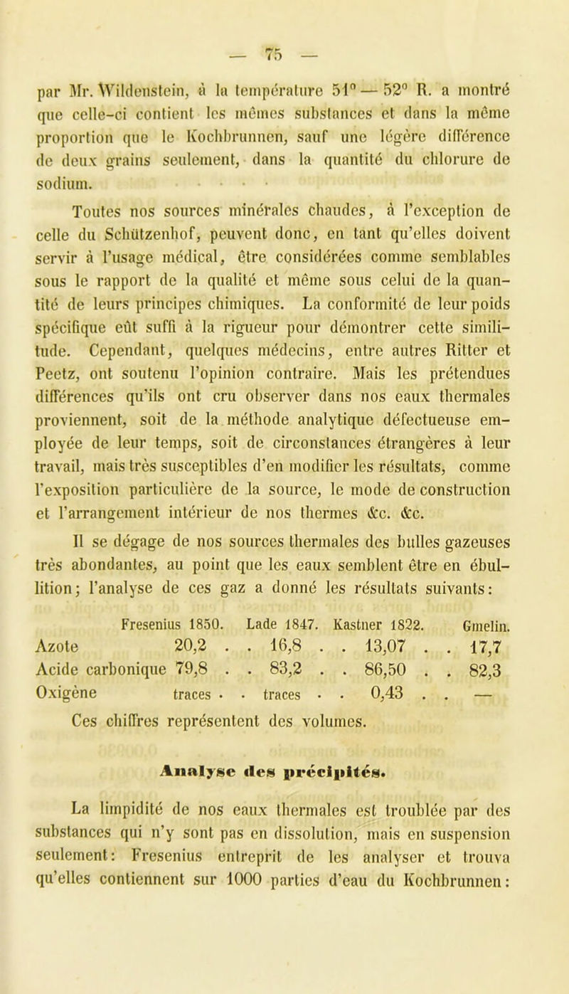 par Mr. \Vildenstein, à la température 51°—52° R. a montré que celle-ci contient les mômes substances et dans la môme proportion que le Kochbrunnen, sauf une légère différence de deux grains seulement, dans la quantité du chlorure de sodium. Toutes nos sources minérales chaudes, à l’exception de celle du Schützenhof, peuvent donc, en tant qu’elles doivent servir à l’usage médical, être considérées comme semblables sous le rapport de la qualité et même sous celui de la quan- tité de leurs principes chimiques. La conformité de leur poids spécifique eût suffi à la rigueur pour démontrer cette simili- tude. Cependant, quelques médecins, entre autres Ritter et Peetz, ont soutenu l’opinion contraire. Mais les prétendues différences qu’ils ont cru observer dans nos eaux thermales proviennent, soit de la méthode analytique défectueuse em- ployée de leur temps, soit de circonstances étrangères à leur travail, mais très susceptibles d’en modifier les résultats, comme l’exposition particulière de la source, le mode de construction et l’arrangement intérieur de nos thermes &c. &c. Il se dégage de nos sources thermales des bulles gazeuses très abondantes, au point que les eaux semblent être en ébul- lition; l’analyse de ces gaz a donné les résultats suivants: Fresenius 1850. Lade 1847. Kastner 1822. Gmelin. Azote 20,2 . . 16,8 . . 13,07 . . 17,7 Acide carbonique 79,8 . . 83,2 . . 86,50 . . 82,3 Oxigène traces • • traces • . 0,43 . . — Ces chiffres représentent des volumes. Analyse des précipités. La limpidité de nos eaux thermales est troublée par des substances qui n’y sont pas en dissolution, mais en suspension seulement: Fresenius entreprit de les analyser et trouva qu’elles contiennent sur 1000 parties d’eau du Kochbrunnen :
