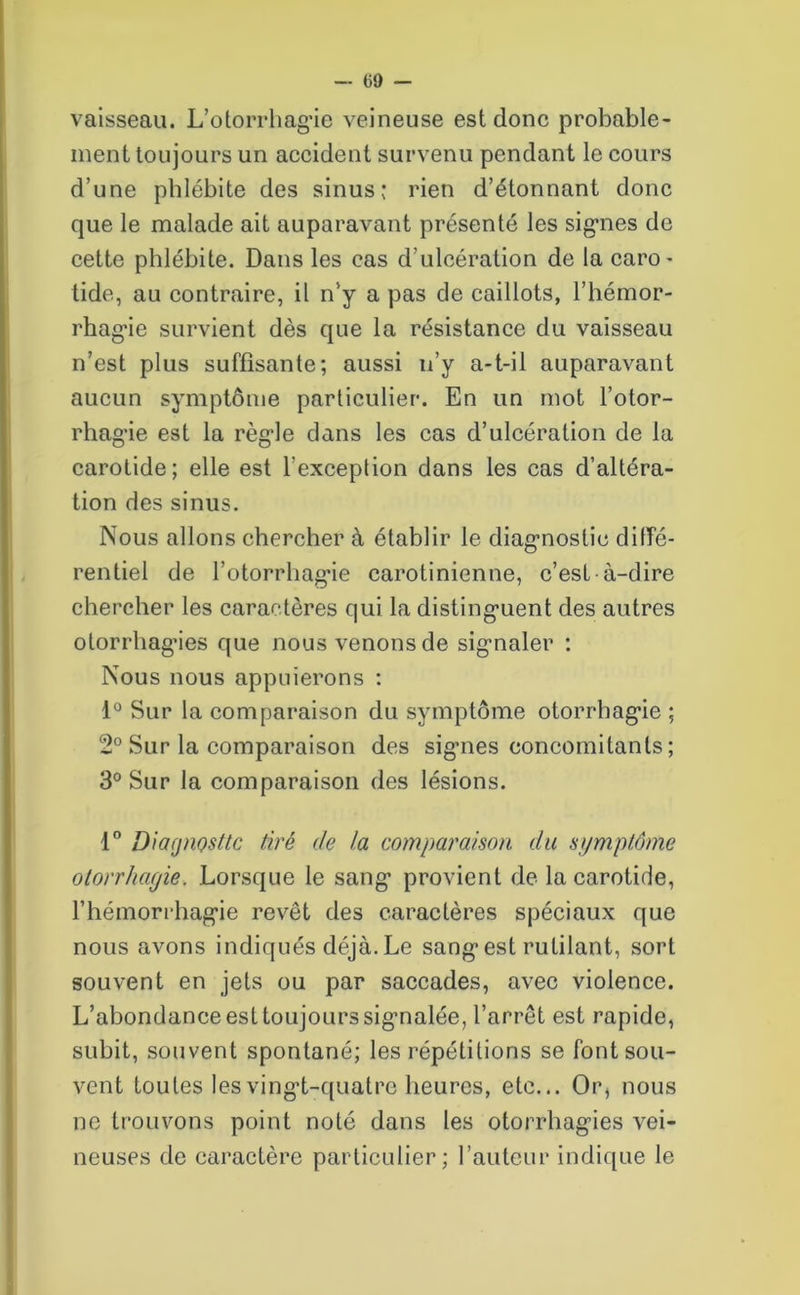 vaisseau. L’otorrhagde veineuse est donc probable- ment toujours un accident survenu pendant le cours d’une phlébite des sinus: rien d’étonnant donc que le malade ait auparavant présenté les signes de cette phlébite. Dans les cas d’ulcération de la caro- tide, au contraire, il n’y a pas de caillots, l’hémor- rhag'ie survient dès que la résistance du vaisseau n’est plus suffisante; aussi n’y a-t-il auparavant aucun symptôme particulier. En un mot l’otor- rhag*ie est la règde clans les cas d’ulcération de la carotide; elle est l'exception dans les cas d’altéra- tion des sinus. Nous allons chercher à établir le diagnostic diffé- rentiel de l’otorrhagâe carotinienne, c’est-à-dire chercher les caractères qui la distinguent des autres otorrhag’ies que nous venons de signaler : Nous nous appuierons : 1° Sur la comparaison du symptôme otorrhagde ; 2° Sur la comparaison des signes concomitants; 3° Sur la comparaison des lésions. 1° Diagnostic tiré de la comparaison du symptôme otorrhayie. Lorsque le sang* provient de la carotide, l’hémorrhagde revêt des caractères spéciaux que nous avons indiqués déjà. Le sang* est rutilant, sort souvent en jets ou par saccades, avec violence. L’abondance est toujours signalée, l’arrêt est rapide, subit, souvent spontané; les répétitions se font sou- vent toutes lesving't-quatrc heures, etc... Or, nous ne trouvons point noté dans les otorrhagdes vei- neuses de caractère particulier; l’auteur indique le