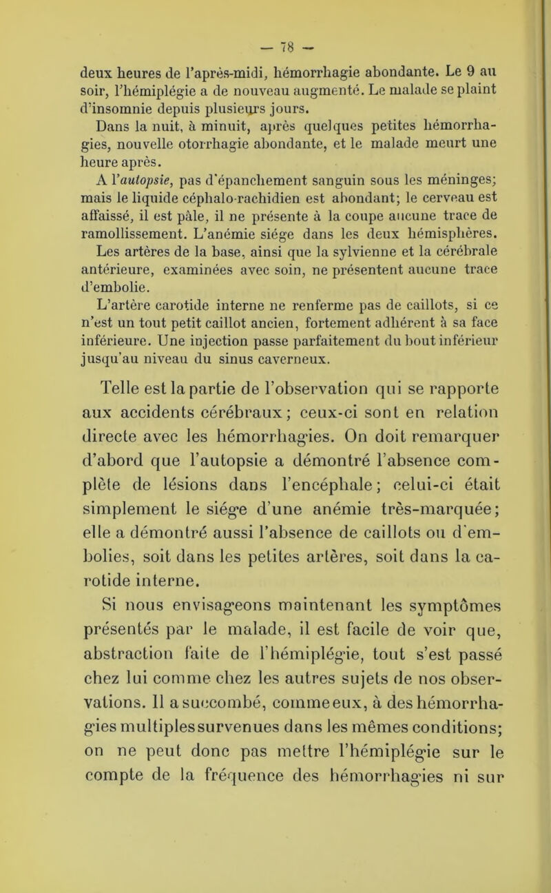 soir, l’hémiplégie a de nouveau augmenté. Le malade se plaint d’insomnie depuis plusieurs jours. Dans la nuit, à minuit, après quelques petites hémorrha- gies, nouvelle otorrhagie abondante, et le malade meurt une heure après. A l’autopsie, pas d’épanchement sanguin sous les méninges; mais le liquide céphalo rachidien est abondant; le cerveau est affaissé, il est pâle, il ne présente à la coupe aucune trace de ramollissement. L’anémie siège dans les deux hémisphères. Les artères de la base, ainsi que la sylvienne et la cérébrale antérieure, examinées avec soin, ne présentent aucune trace d’embolie. L’artère carotide interne ne renferme pas de caillots, si ce n’est un tout petit caillot ancien, fortement adhérent à sa face inférieure. Une injection passe parfaitement du bout inférieur jusqu’au niveau du sinus caverneux. Telle est la partie de l’observation qui se rapporte aux accidents cérébraux; ceux-ci sont en relation directe avec les hémorrhagies. On doit remarquer d’abord que l’autopsie a démontré l’absence com- plète de lésions dans l’encéphale; celui-ci était simplement le siég’e d’une anémie très-marquée; elle a démontré aussi l’absence de caillots ou d'em- bolies, soit dans les petites artères, soit dans la ca- rotide interne. Si nous envisageons maintenant les symptômes présentés par le malade, il est facile de voir que, abstraction faite de l'hémiplégie, tout s’est passé chez lui comme chez les autres sujets de nos obser- vations. 11 a succombé, commeeux, à des hémorrha- gies multiplessurvenues dans les mêmes conditions; on ne peut donc pas mettre l’hémiplégie sur le compte de la fréquence des hémorrhagies ni sur