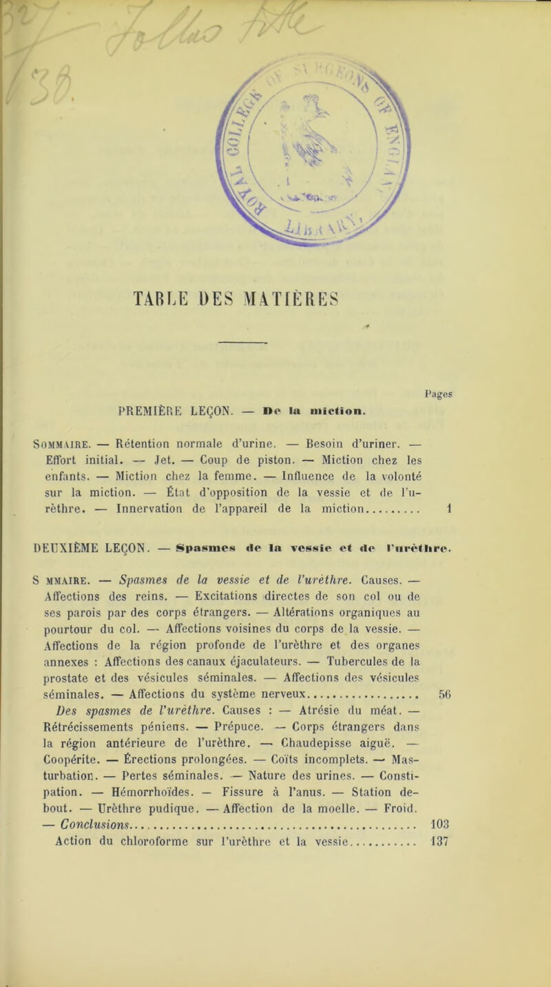 TABLE DES MATIÈRES Pages PREMIÈRE LEÇON. — I>«‘ la miction. Sommaire. — Rétention normale d’urine. — Besoin d’uriner. — Effort initial. — Jet. — Coup de piston. — Miction chez les enfants. — Miction chez la femme. — Influence de la volonté sur la miction. — État d’opposition de la vessie et de l’u- rèthre. — Innervation de l’appareil de la miction 1 DEUXIÈME LEÇON. — Spasmes «le la vessi*^ et «le l'urèthre. S mmaire. — Spasmes de la vessie et de l’urèthre. Causes. — Affections des reins. — Excitations directes de son col ou de ses parois par des corps étrangers. — Altérations organiques au pourtour du col. — Affections voisines du corps de la vessie. — Affections de la région profonde de l’urèthre et des organes annexes : Affections des canaux éjaculateurs. — Tubercules de la prostate et des vésicules séminales. — Affections des vésicules séminales. — Affections du système nerveux 56 Des spasmes de l’urèthre. Causes : — Atrésie du méat. — Rétrécissements péniens. — Prépuce. — Corps étrangers dans la région antérieure de l’urèthre. — Chaudepisse aiguë. — Coopérite. — Érections prolongées. — Coïts incomplets. — Mas- turbation. — Pertes séminales. — Nature des urines. — Consti- pation. — Hémorrhoïdes. — Fissure à l’anus. — Station de- bout. — Urèthre pudique. —Affection de la moelle. — Froid. — Conclusions 103 Action du chloroforme sur l’urèthre et la vessie 137