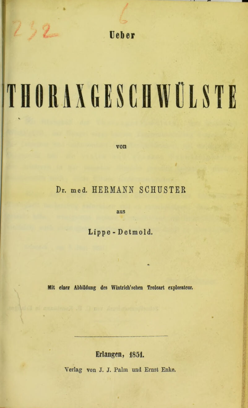 (Jeb er THORAXGGSGHWÜLSTE Dr. rned. HERMANN SCHUSTER aus Lippe- Detmold. Mit einer Abbildung des Wintrlch’schen Trolcart exploratcur. Erlangen, 1851. Verlag von J. J. Palm und Ernst Enke.