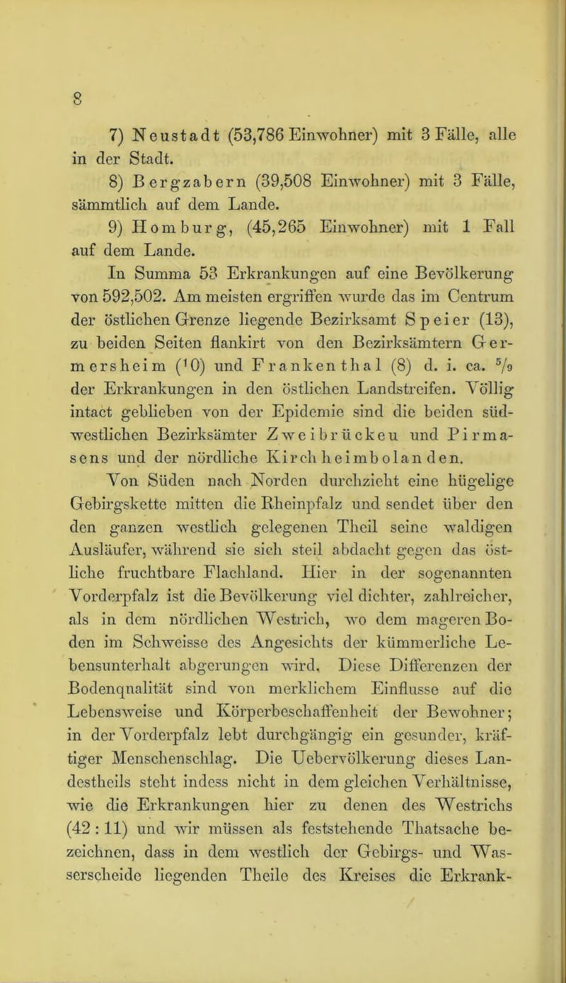 7) Neustadt (53,786 Einwohner) mit 3 Fälle, alle in der Stadt. 8) Bergzabern (39,508 Einwohner) mit 3 Fälle, sämmtlich auf dem Lande. 9) Homburg, (45,265 Einwohner) mit 1 Fall auf dem Lande. In Summa 53 Erkrankungen auf eine Bevölkerung von 592,502. Am meisten ergriffen wurde das im Centrum der östlichen Grenze liegende Bezirksamt Spei er (13), zu beiden Seiten flankirt von den Bezirksämtern Ger- mersheim (’O) und Frankenthal (8) d. i. ca. 5/g der Erkrankungen in den östlichen Landstreifen. Völlig intact geblieben von der Epidemie sind die beiden süd- westlichen Bezirksämter Zweibrückeu und Pirma- sens und der nördliche Kirchheimbolanden. Von Süden nach Norden durchzieht eine hügelige Gebirgskette mitten die Rheinpfalz und sendet über den den ganzen westlich gelegenen Theil seine waldigen Ausläufer, während sie sich steil abdacht gegen das öst- liche fruchtbare Flachland. Hier in der sogenannten Vorderpfalz ist die Bevölkerung viel dichter, zahlreicher, als in dem nördlichen Westrich, wo dem mageren Bo- den im Schweisse des Angesichts der kümmerliche Le- bensunterhalt abgerungen wird. Diese Differenzen der Bodenqnalität sind von merklichem Einflüsse auf die Lebensweise und Körperbeschaffenheit der Bewohner; in der Vorderpfalz lebt durchgängig ein gesunder, kräf- tiger Menschenschlag. Die Uebervölkerung dieses Lan- destheils steht indess nicht in dem gleichen Verhältnisse, wie die Erkrankungen hier zu denen des Westrichs (42 :11) und wir müssen als feststehende Thatsache be- zeichnen, dass in dem westlich der Gebirgs- und Was- serscheide liegenden Theilc des Kreises die Erkrank-