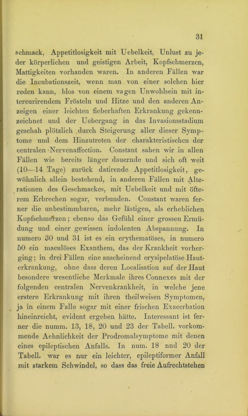 schmack, Appetitlosigkeit mit Uebelkeit, Unlust zu je- der körperlichen und geistigen Arbeit, Kopfschmerzen, Mattigkeiten vorhanden waren. In anderen Fällen war die Incubationszeit, wenn man von einer solchen hier reden kann, blos von einem vagen Unwohlsein mit in- tercurirendem Frösteln und Hitze und den anderen An- zeigen einer leichten fieberhaften Erkrankung gekenn- zeichnet und der Uebergang in das Invasionsstadium geschah plötzlich durch Steigerung aller dieser Symp- tome und dem Hinzutreten der charakteristischen der centralen -Nervenaffection. Constant sahen wir in allen Fällen wie bereits länger dauernde und sich oft weit (10—14 Tage) zurück datirende Appetitlosigkeit, ge- wöhnlich allein bestehend, in anderen Fällen mit Alte- rationen des Geschmackes, mit Uebelkeit und mit öfte- rem Erbrechen sogar, verbunden. Constant waren fer- ner die unbestimmbaren, mehr lästigen, als erheblichen Kopfschmerzen; ebenso das Gefühl einer grossen Ermü- dung und einer gewissen indolenten Abspannung. In numero 30 und 31 ist es ein erythematöses, in numei’o 50 ein maculöses Exanthem, das der Krankheit vorher- ging; in drei Fällen eine anscheinend erysipclatösc Ilaut- erkrankung, ohne dass deren Localisation auf der Haut besondere wesentliche Merkmale ihres Connexes mit der folgenden centralen Nervenkrankheit, in welche jene erstere Erkrankung mit ihren theilweisen Symptomen, ja in einem Falle sogar mit einer frischen Exacerbation hineinreicht, evident ergeben hätte. Interessant ist fer- ner die numm. 13, 18, 20 und 23 der Tabell. vorkom- mende Aehnlichkeit der Prodromalsymptome mit denen eines epileptischen Anfalls. In num. 18 nnd 20 der Tabell. war es nur ein leichter, epileptiformer Anfall mit starkem Schwindel, so dass das freie Aufrechtstehen