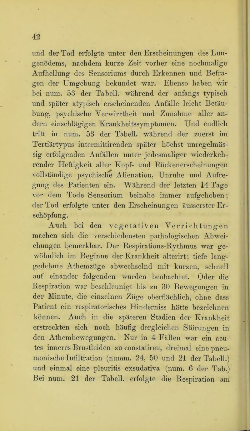 und der Tod erfolgte unter den Erscheinungen des Lun- genödems, nachdem kurze Zeit vorher eine nochmalige Aufhellung des Sensoriums durch Erkennen und Befra- gen der Umgehung bekundet war. Ebenso haben wir bei num. 53 der Tabell. während der anfangs typisch und später atypisch erscheinenden Anfälle leicht Betäu- bung, psychische Verwirrtheit und Zunahme aller an- dern einschlägigen Krankheitssymptomen. Und endlich tritt in num. 53 der Tabell. während der zuerst im Tertiärtypus intermittirenden später höchst unregelmäs- sig erfolgenden Anfällen unter jedesmaliger wiederkeh- render Heftigkeit aller Kopf- und Rückenerscheinungen vollständige psychische Alienation, Unruhe und Aufre- gung des Patienten ein. Während der letzten 14 Tage vor dem Tode Sensorium beinahe immer aufgehoben; der Tod erfolgte unter den Erscheinungen äusserster Er- schöpfung. Auch bei den vegetativen Verrichtungen machen sich die verschiedensten pathologischen Abwei- chungen bemerkbar. Der Respirations-Rythmus war ge- wöhnlich im Beginne der Krankheit alterirt; tiefe lang- gedehnte Athemzüge abwechselnd mit kurzen, schnell auf einander folgenden wurden beobachtet. Oder die Respiration war beschleunigt bis zu 30 Bewegungen in der Minute, die einzelnen Züge oberflächlich, ohne dass Patient ein respiratorisches Hinderniss hätte bezeichnen können. Auch in die späteren Stadien der Krankheit erstreckten sich noch häufig dergleichen Störungen in den Athcmbewegungen. Nur in 4 Fällen war ein acu- tes inneres Brustleiden zu constatireu, dreimal eine pneu- monische Infiltration (numm. 24, 50 und 21 der Tabell.) und einmal eine pleuritis exsudativa (num. 6 der Tab.) Bei num. 21 der Tabell. erfolgte die Respiration am