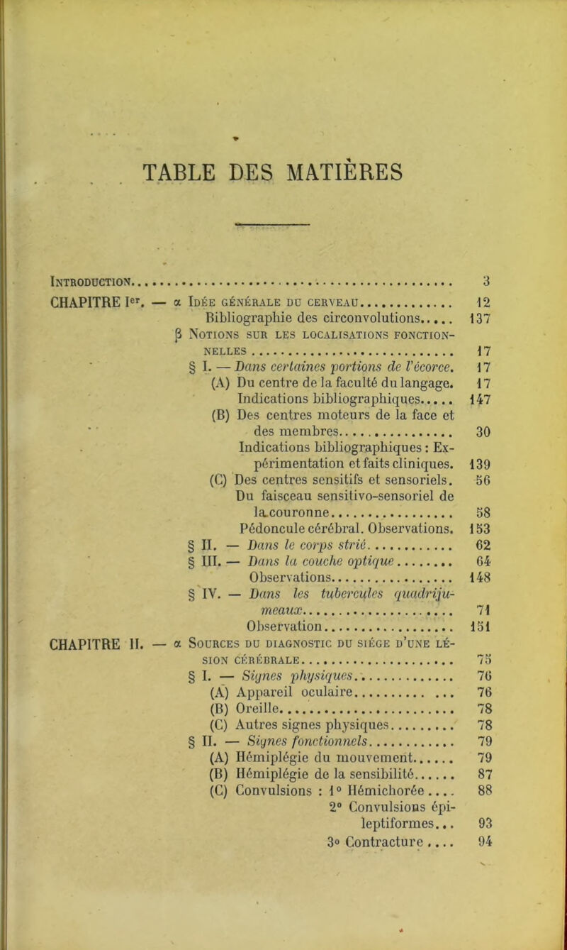 TABLE DES MATIERES Introduction 3 CHAPITRE I®''. — a Idée générale du cerveau 12 Bibliographie des circonvolutions 137 P Notions sur les localisations fonction- nelles 17 § I. — Dans certaines 'portions de Vécorce. 17 (A) Du centre de la faculté du langage. 17 Indications bibliographiques 147 (B) Des centres moteurs de la face et des membres 30 Indications bibliographiques : Ex- périmentation et faits cliniques. 139 (G) Des centres sensitifs et sensoriels. 56 Du faisceau sensilivo-sensoriel de la.couronne 58 Pédoncule cérébral. Observations. 153 § II, — Dans le corps strié 62 § III. — Dans la couche optique 64 Observations 148 §'lV. — Dans les tubercules quadriju- meaux 71 Observation 151 CHAPITRE II. — a Sources du diagnostic du siège d’une lé- sion cérébrale 75 § I. — Siijnes physiques., 76 (A) Appareil oculaire 76 (B) Oreille 78 (C) Autres signes physiques 78 § II. — Signes fonctionnels 79 (A) Hémiplégie du mouvement 79 (B) Hémiplégie de la sensibilité 87 (C) Convulsions : 1“ Ilémichorée .... 88 2® Convulsions épi- leptiformes... 93 3® Contracture.... 94