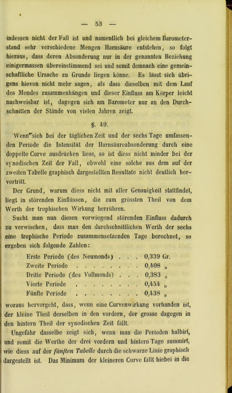 indessen nichl der Fall ist und namentlich bei gleichem Barometer- stand sehr verschiedene Mengen Harnsäure entstehen, so folgt hieraus, dass deren Absonderung nur in der genannten Beziehung einigermassen übereinstimmend sei und somit demnach eine gemein- schaftliche Ursache zu Grunde liegen könne. Es lässt sich übri- gens hievon nicht mehr sagen, als dass dieselben mit dem Lauf des Mondes Zusammenhängen und dieser Einfluss am Körper leicht nachweisbar ist, dagegen sich am Barometer nur an den Durch- schnitten der Stände von vielen Jahren zeigt. §. 49. Wenn^sich bei der täglichen Zeit und der sechs Tage umfassen- den Periode die Intensität der Harnsäureabsonderung durch eine doppelte Curve ausdrücken liess, so ist dicss nicht minder bei der synodischen Zeit der Fall, obwohl eine solche aus dem auf der zweiten Tabelle graphisch dargeslellten Resultate nicht deutlich her- vortritt. Der Grund, warum diess nicht mit aller Genauigkeit stallfindet, liegt in störenden Einflüssen, die zum grössten Theil von dem Werth der trophischen Wirkung herrühren. Sucht man nun diesen vorwiegend störenden Einfluss dadurch zu verwischen, dass man den durchschnittlichen Werth der sechs eine trophische Periode zusammensetzenden Tage berechnet, so ergeben sich folgende Zahlen: Erste Periode (des Neumonds) . . . 0,339 Gr. Zweite Periode 0,408 „ Dritte Periode (des Vollmonds) . . . 0,383 „ Vierte Periode 0,454 „ Fünfte Periode 0,438 „ woraus hervorgeht, dass, wenn eine Curvenwirkung vorhanden ist, der kleine Theil derselben in den vordem, der grosse dagegen in den hintern Theil der synodischen Zeit fällt. Ungefähr dasselbe zeigt sich, wenn man die Perioden halbirt, und somit die Werthe der drei vordem und hintern Tage summirt, wie diess auf der fmiten Tabelle durch die schwarze Linie graphisch dargestellt ist. Das Minimum der kleineren Curve fällt hiebei in die