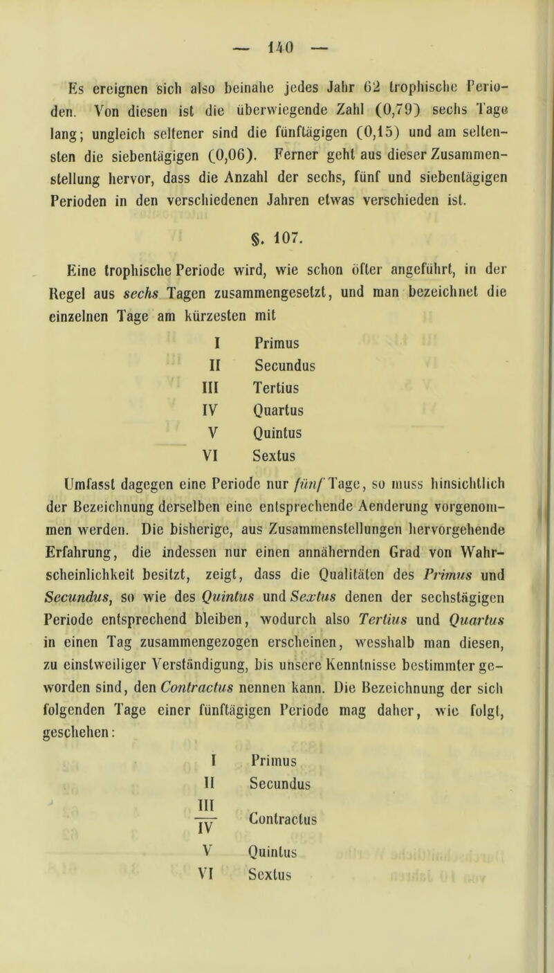 fi!s ereignen sich also beinahe jedes Jahr 62 Irophischc l’erio- den. Von diesen ist die überwiegende Zahl (0,79) sechs Tag« lang; ungleich seltener sind die fünftägigen (0,15) und am selten- sten die siebentägigen (0,06). Ferner geht aus dieser Zusammen- stellung hervor, dass die Anzahl der sechs, fünf und siebentägigen Perioden in den verschiedenen Jahren etwas verschieden ist. §. 107. Eine Irophische Periode wird, wie schon öfter angeführt, in der Regel aus sechs Tagen zusammengesetzt, und man bezeichnet die einzelnen Tage am kürzesten mit I Primus II Secundus III Tertius IV Quartus V Quintus VI Sextus Umfasst dagegen eine Periode nur /?/«/'Tage, so muss hinsichtlich der Bezeichnung derselben eine entsprechende Aenderung vorgenom- men werden. Die bisherige, aus Zusammenstellungen hervorgehende Erfahrung, die indessen nur einen annähernden Grad von Wahr- scheinlichkeit besitzt, zeigt, dass die Qualitäten des Primus und Secundus, so wie des Quintus und Sextus denen der sechstägigen Periode entsprechend bleiben, wodurch also Tertius und Quarlus in einen Tag zusammengezogen erscheinen, wesshalb man diesen, zu einstweiliger Verständigung, bis unsere Kenntnisse bestimmter ge- worden sind, Aqw Contrachis nennen kann. Die Bezeichnung der sich folgenden Tage einer fünftägigen Periode mag daher, wie folgt, geschehen: Primus Secundus Contractus Quintus I II üi w V