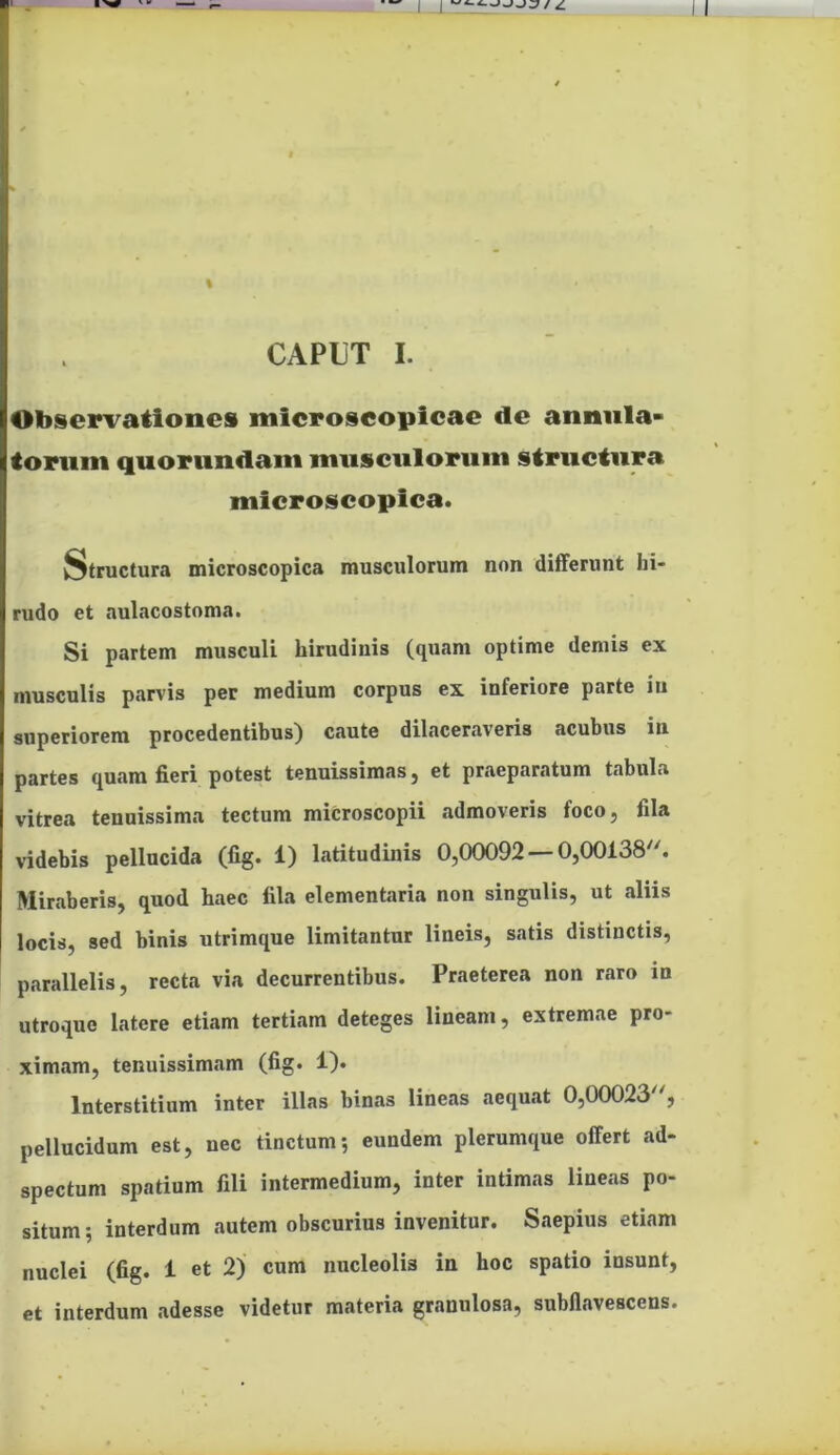 CAPUT I. Observatione» microseopicae de annnla- torum quorundam miisciiloriini structura nilcroscoplca. Structura microscopica musculorum non differunt hi- rudo et aulacostoma. Si partem musculi hirudinis (quam optime demis ex musculis parvis per medium corpus ex inferiore parte in superiorem procedentibus) caute dilaceraveris acubus in partes quam fieri potest tenuissimas, et praeparatum tabula vitrea tenuissima tectum miCroscopii admoveris foco, fila videbis pellucida (fig. 1) latitudinis 0,00092 — 0,00138. Miraberis, quod haec fila elementaria non singulis, ut aliis locis, sed binis utrimque limitantur lineis, satis distinctis, parallelis, recta via decurrentibus. Praeterea non raro in utroque latere etiam tertiam deteges lineam, extremae pro- ximam, tenuissimam (fig* 1)* Interstitium inter illas binas lineas aequat 0,00023, pellucidum est, nec tinctum-, eundem plerumque offert ad- spectum spatium fili intermedium, inter intimas lineas po- situm; interdum autem obscurius invenitur. Saepius etiam nuclei (fig. 1 et 2) cum nucleolis in hoc spatio insunt, et interdum adesse videtur materia grauulosa, subflavescens.