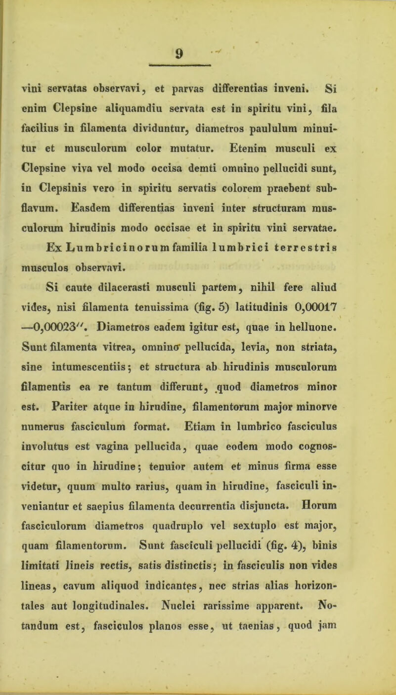 . -/ vini servatas observavi, et parvas differentias inveni. Si enim Clepsine aliquamdiu servata est in spiritu vini, fila facilius in filamenta dividuntur, diametros paululum minui- tur et musculorum color mutatur. Etenim musculi ex Clepsine viva vel modo occisa demti omnino pellucidi sunt, in Clepsinis vero in spiritu servatis colorem praebent sub- flavum. Easdem differentias inveni iuter structuram mus- culorum hirudinis modo occisae et in spiritu vini servatae. Ex Lumbricinorum familia lumbrici terrestris musculos observavi. Si caute dilacerasti musculi partem, nihil fere aliud vides, nisi filamenta tenuissima (fig. 5) latitudinis 0,00017 • t —0,00023. Diametros eadem igitur est, quae in helluone. Sunt filamenta vitrea, omninc pellucida, levia, non striata, sine intumescentiis 5 et structura ab hirudinis musculorum filamentis ea re tantum differunt, quod diametros minor est. Pariter atque in hirudine, filamentorum major minorve numerus fasciculum format. Etiam in lumbrico fasciculus involutus est vagina pellucida, quae eodem modo cognos- citur quo in hirudine; tenuior autem et minus firma esse videtur, quum multo rarius, quam in hirudine, fasciculi in- veniantur et saepius filamenta decurrentia disjuncta. Horum fasciculorum diametros quadruplo vel sextuplo est major, quam filamentorum. Sunt fasciculi pellucidi (fig. 4), binis limitati lineis rectis, satis distinctis; in fasciculis non vides lineas, cavum aliquod indicantes, nec strias alias horizon- tales aut longitudinales. Nuclei rarissime apparent. No- tandum est, fasciculos planos esse, ut taenias, quod jam