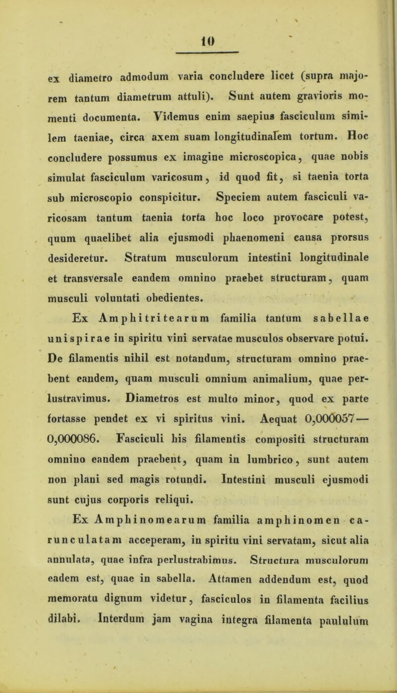 ex diametro admodum varia concludere licet (supra majo- rem tantum diametrum attuli). Sunt autem gravioris mo- menti documenta. Videmus enim saepius fasciculum simi- lem taeniae, circa axem suam longitudinalem tortum. Hoc concludere possumus ex imagine microscopica, quae nobis simulat fasciculum varicosum, id quod fit, si taenia torta sub microscopio conspicitur. Speciem autem fasciculi va- ricosam tantum taenia torta hoc loco provocare potest, quum quaelibet alia ejusmodi phaenomeni causa prorsus desideretur. Stratum musculorum intestini longitudinale et transversale eandem omnino praebet structuram, quam musculi voluntati obedientes. Ex Amphitrite arum familia tantum s a bellae unispirae in spiritu vini servatae musculos observare potui. De filamentis nihil est notandum, structuram omnino prae- bent eandem, quam musculi omnium animalium, quae per- lustravimus. Diametros est multo minor, quod ex parte fortasse pendet ex vi spiritus vini. Aequat 0,000057 — 0,000086. Fasciculi his filamentis compositi structuram omnino eandem praebent, quam in lumbrico, sunt autem non plani sed magis rotundi. Intestini musculi ejusmodi sunt cujus corporis reliqui. Ex Ainphinomearum familia amphinomen ca- runculatam acceperam, in spiritu vini servatam, sicut alia annulata, quae infra perlustrabimus. Structura musculorum eadem est, quae in sabella. Attamen addendum est, quod memoratu dignum videtur, fasciculos in filamenta facilius dilabi. Interdum jam vagina integra filamenta paululum