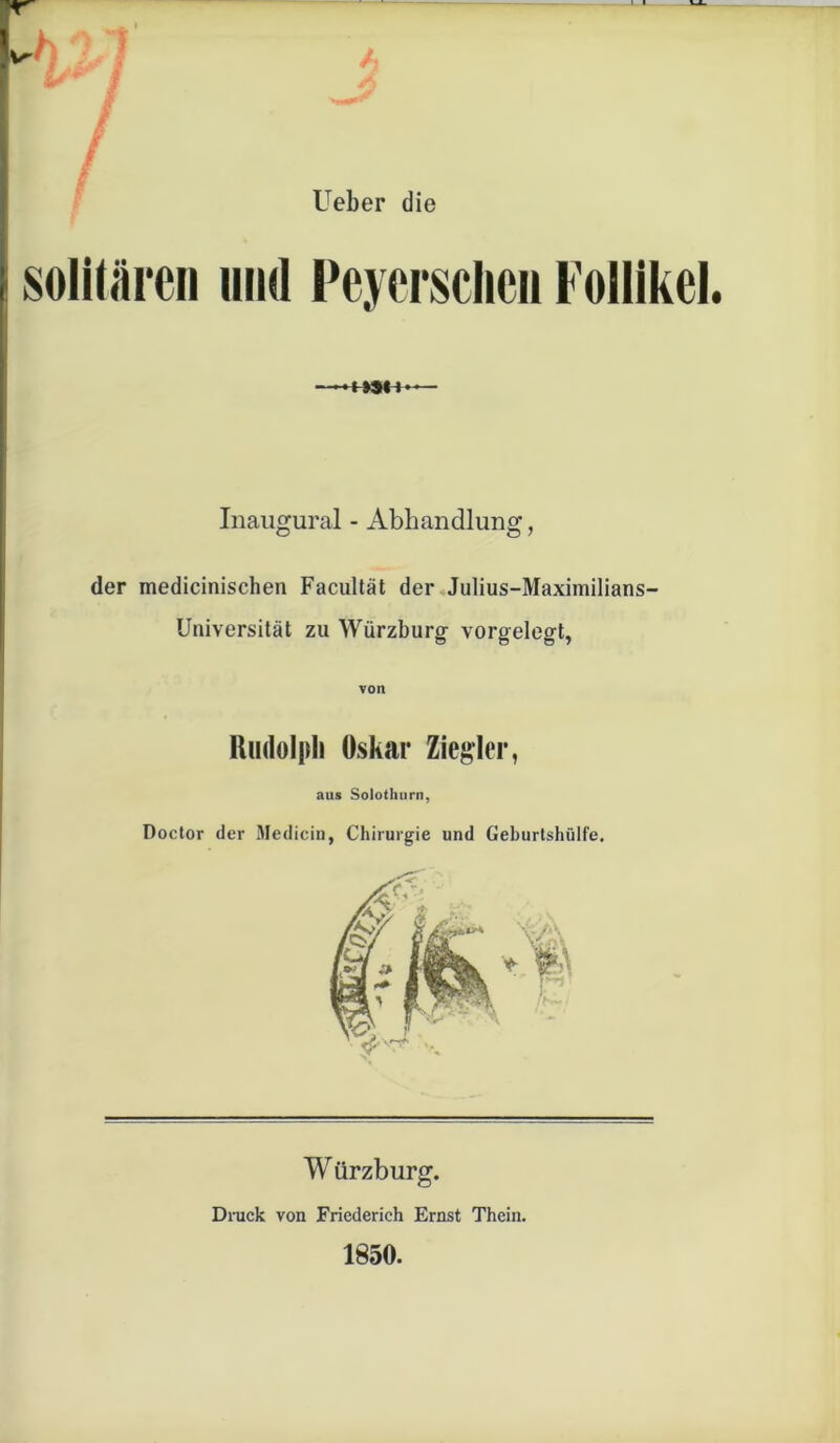 Ueber die ; solitären und Peycrsclicn Follikel Inaugural - Abhandlung, der medicinischen Facultät der Julius-Maximilians- Universität zu Würzburg- vorgelegt, von Rudolph Oskar Ziegler, aus Solothurn, Doctor der Medicin, Chirurgie und Geburtshülfe, W ürzburg. Druck von Friederich Emst Thein.