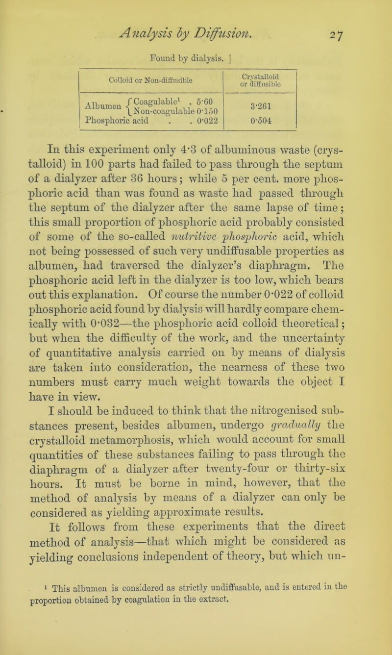 Found by dialysis. ! Colloid or Non-diffusible Crystalloid or diffusible {KSLieo“o Phosphoric acid . . 0'022 3-261 0-504 In tliis experiment only 4*3 of albuminous waste (crys- talloid) in 100 parts had failed to pass through the septum of a dialyzer after 36 hours; while 5 per cent, more phos- phoric acid than was found as waste had passed through the septum of the dialyzer after the same lapse of time; this small proportion of phosphoric acid probably consisted of some of the so-called nutritive phosphoric acid, which not being possessed of such very undiffu sable properties as albumen, had traversed the dialyzer’s diaphragm. The phosphoric acid left in the dialyzer is too low, which bears out this explanation. Of course the number 0-022 of colloid phosphoric acid found by dialysis will hardly compare chem- ically with 0-032—the phosphoric acid colloid theoretical; but when the difficulty of the work, and the uncertainty of quantitative analysis carried on by means of dialysis are taken into consideration, the nearness of these two numbers must carry much weight towards the object I have in view. I should be induced to think that the nitrogenised sub- stances present, besides albumen, undergo gradually the crystalloid metamorphosis, which would account for small quantities of these substances failing to pass through the diaphragm of a dialyzer after twenty-four or thirty-six hours. It must be borne in mind, however, that the method of analysis by means of a dialyzer can only be considered as yielding approximate results. It follows from these experiments that the direct method of analysis—that which might be considered as yielding conclusions independent of theory, but which un- 1 This albumen is considered as strictly undiffusablo, and is entered in the proportion obtained by coagulation in the oxtract.