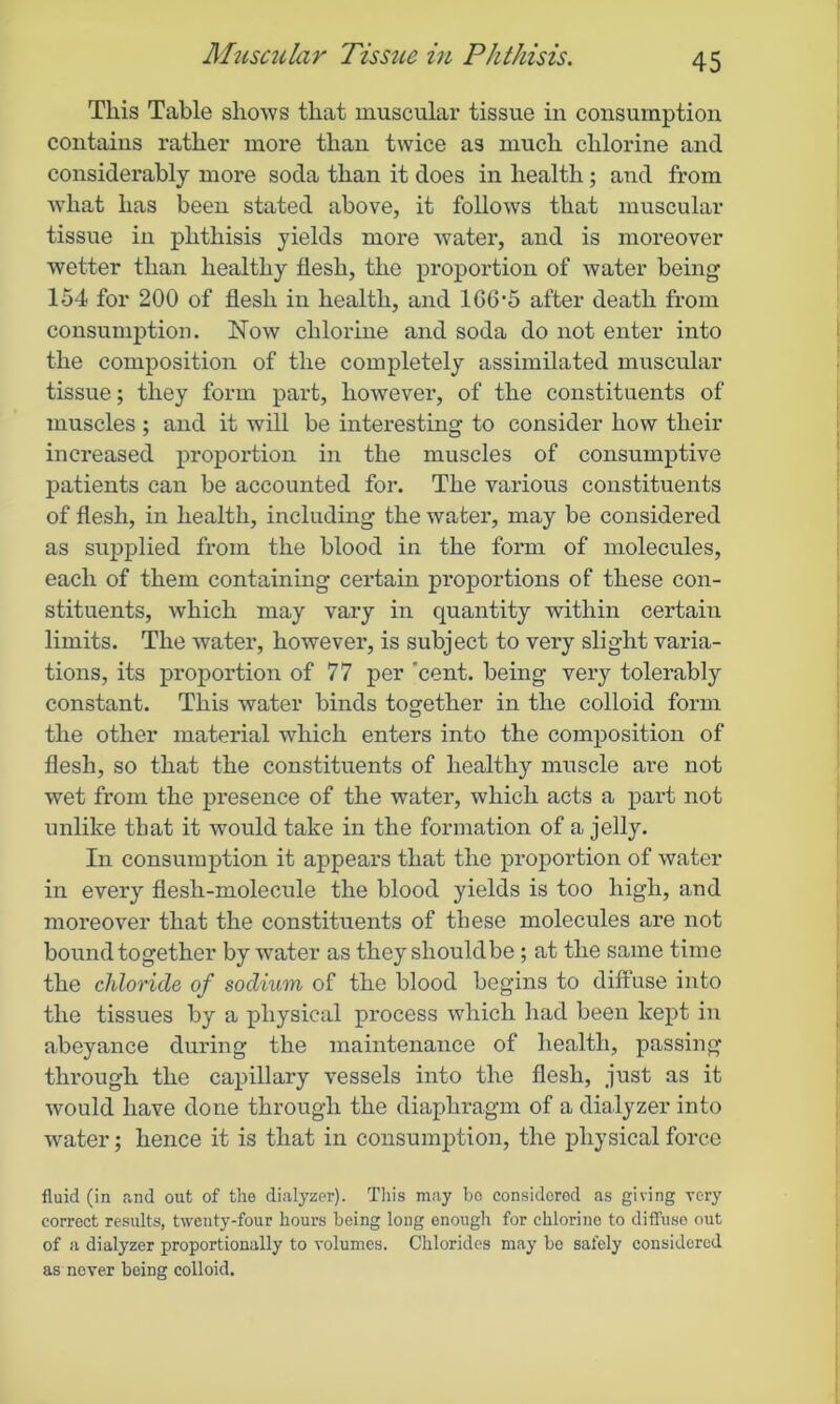 This Table shows that muscular tissue in consumption contains rather more than twice as much chlorine and considerably more soda than it does in health ; and from what has been stated above, it follows that muscular tissue in phthisis yields more water, and is moreover wetter than healthy flesh, the proportion of water being 154 for 200 of flesh in health, and 106’5 after death from consumption. Now chlorine and soda do not enter into the composition of the completely assimilated muscular tissue; they form part, however, of the constituents of muscles ; and it will be interesting to consider how their increased proportion in the muscles of consumptive patients can be accounted for. The various constituents of flesh, in health, including the water, may be considered as supplied from the blood in the form of molecules, each of them containing certain proportions of these con- stituents, which may vary in quantity within certain limits. The water, however, is subject to very slight varia- tions, its proportion of 77 per 'cent, being very tolerably constant. This water binds together in the colloid form the other material which enters into the composition of flesh, so that the constituents of healthy muscle are not wet from the presence of the water, which acts a part not unlike that it would take in the formation of a jelly. In consumption it appears that the proportion of water in every flesh-molecule the blood yields is too high, and moreover that the constituents of these molecules are not bound together by water as theyshouldbe ; at the same time the chloride of sodium of the blood begins to diffuse into the tissues by a physical process which had been kept in abeyance during the maintenance of health, passing through the capillary vessels into the flesh, just as it would have done through the diaphragm of a dialyzer into water; hence it is that in consumption, the physical force fluid (in and out of the dialyzer). This may bo considered as giving very correct results, twenty-four hours being long enough for chlorino to diffuse out of a dialyzer proportionally to volumes. Chlorides may bo safely considered as nover being colloid.