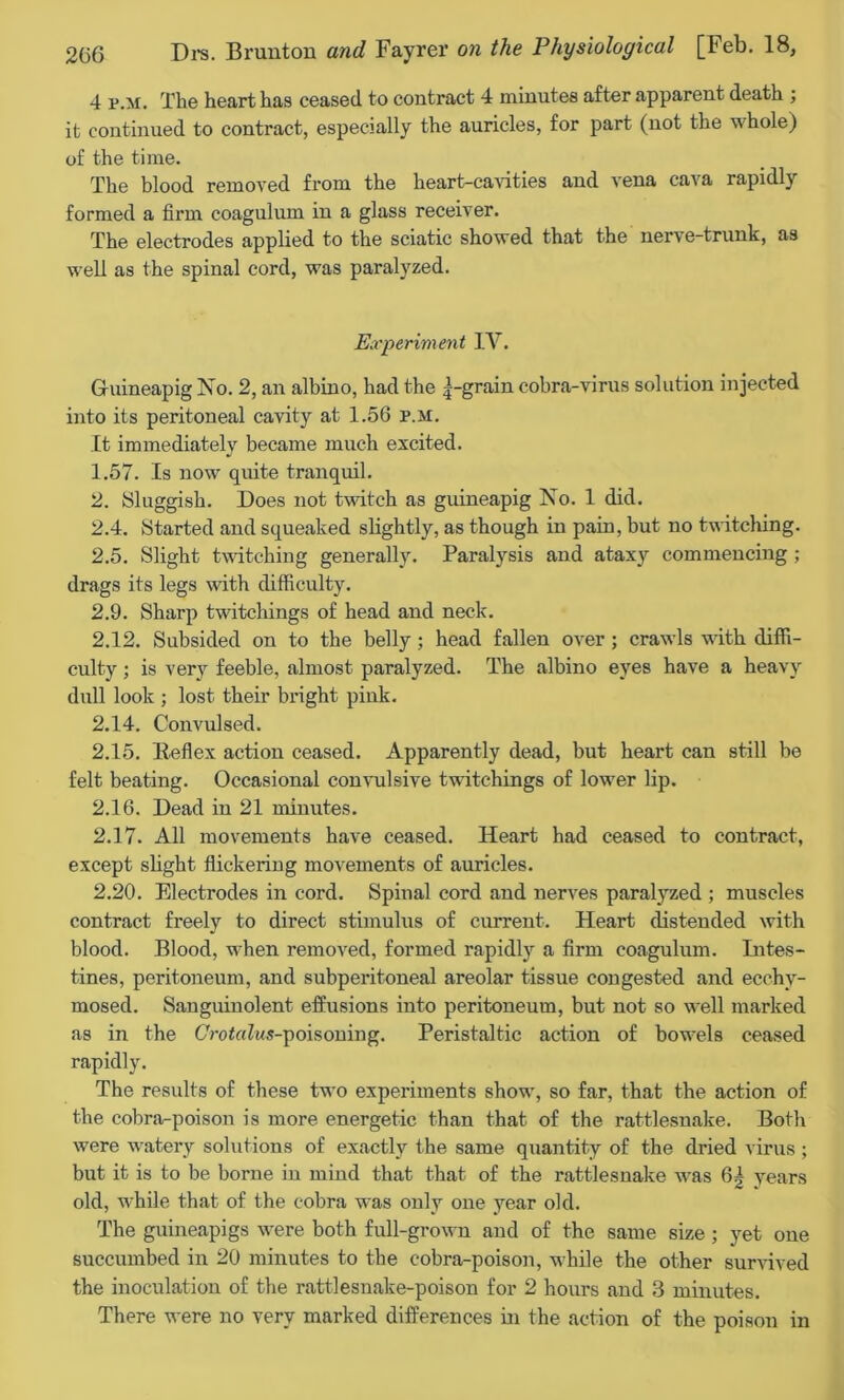4 p.m. The heart has ceased to contract 4 minutes after apparent death ; it continued to contract, especially the auricles, for part (not the whole) of the time. The blood removed from the heart-cavities and vena cava rapidly formed a firm coagulum in a glass receiver. The electrodes applied to the sciatic showed that the nerve-trunk, as well as the spinal cord, was paralyzed. Experiment IV. Gfuineapig No. 2, an albino, had the |-grain cobra-virus solution injected into its peritoneal cavity at 1.56 p.m. It immediately became much excited. 1.57. Is now quite tranquil. 2. Sluggish. Does not twitch as guineapig No. 1 did. 2.4. Started and squeaked slightly, as though in pain, but no twitching. 2.5. Slight twitching generally. Paralysis and ataxy commencing ; drags its legs with difficulty. 2.9. Sharp twitchings of head and neck. 2.12. Subsided on to the belly; head fallen over ; crawls with diffi- culty ; is very feeble, almost paralyzed. The albino eyes have a heavy dull look ; lost their bright pink. 2.14. Convulsed. 2.15. Reflex action ceased. Apparently dead, but heart can still be felt beating. Occasional convulsive twitchings of lower lip. 2.16. Dead in 21 minutes. 2.17. All movements have ceased. Heart had ceased to contract, except slight flickering movements of auricles. 2.20. Electrodes in cord. Spinal cord and nerves paralyzed ; muscles contract freely to direct stimulus of current. Heart distended with blood. Blood, when removed, formed rapidly a firm coagulum. Intes- tines, peritoneum, and subperitoneal areolar tissue congested and ecchy- mosed. Sanguinolent effusions into peritoneum, but not so well marked as in the CVotaZws-poisoning. Peristaltic action of bowels ceased rapidly. The results of these two experiments show, so far, that the action of the cobra-poison is more energetic than that of the rattlesnake. Both were watery solutions of exactly the same quantity of the dried virus ; but it is to be borne in mind that that of the rattlesnake was 6| years old, while that of the cobra was only one year old. The guineapigs were both full-grown and of the same size ; yet one succumbed in 20 minutes to the cobra-poison, while the other survived the inoculation of the rattlesnake-poison for 2 hours and 3 minutes. There were no very marked differences in the action of the poison in