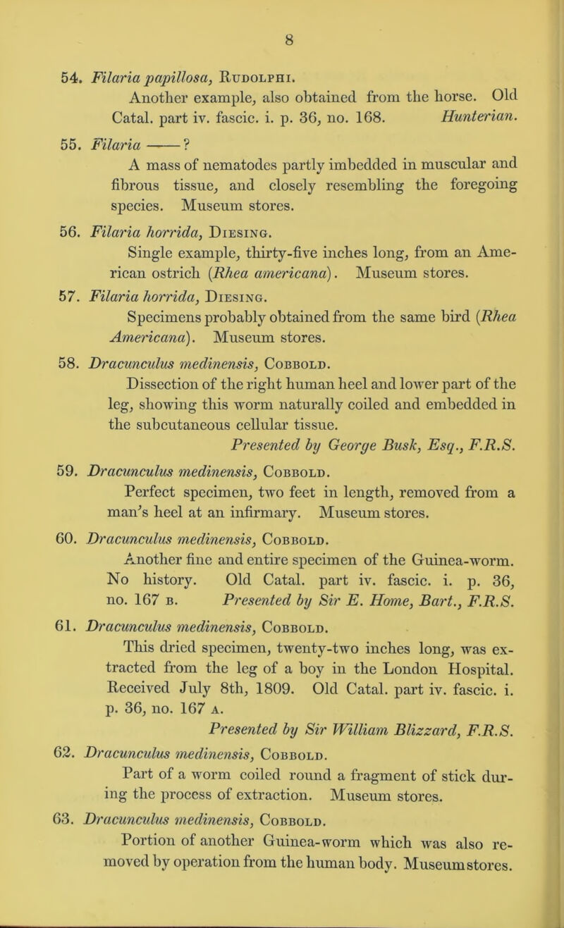 54. Filaria papillosa, Rudolphi. Another example, also obtained from the horse. Old Catal. part iv. fascic. i. p. 36, no. 168. Hunterian. 55. Filaria ——? A mass of nematodes partly imbedded in muscular and fibrous tissue, and closely resembling the foregoing species. Museum stores. 56. Filaria horrida, Diesing. Single example, thirty-five inches long, from an Ame- rican ostrich {Rhea americana). Museum stores. 57. Filaria horrida, Diesing. Specimens probably obtained from the same bird {Rhea Americana). Museum stores. 58. Dracunculus medinensis, Cobbold. Dissection of the right human heel and lower part of the leg, showing this worm naturally coiled and embedded in the subcutaneous cellular tissue. Presented by George Busk, Esq., F.R.S. 59. Dracunculus medinensis, Cobbold. Perfect specimen, two feet in length, removed from a mam's heel at an infirmary. Museum stores. 60. Dracunculus medinensis, Cobbold. Another fine and entire specimen of the Guinea-worm. No history. Old Catal. part iv. fascic. i. p. 36, no. 167 b. Presented by Sir E. Home, Bart., F.R.S. 61. Dracunculus medinensis, Cobbold. This dried specimen, twenty-two inches long, was ex- tracted from the leg of a boy in the London Hospital. Received July 8th, 1809. Old Catal. part iv. fascic. i. p. 36, no. 167 a. Presented by Sir William Blizzard, F.R.S. 62. Dracunculus medinensis, Cobbold. Part of a worm coiled round a fragment of stick dur- ing the process of extraction. Museum stores. 63. Dracunculus medinensis, Cobbold. Portion of another Guinea-worm which was also re- moved by operation from the human body. Museum stores.