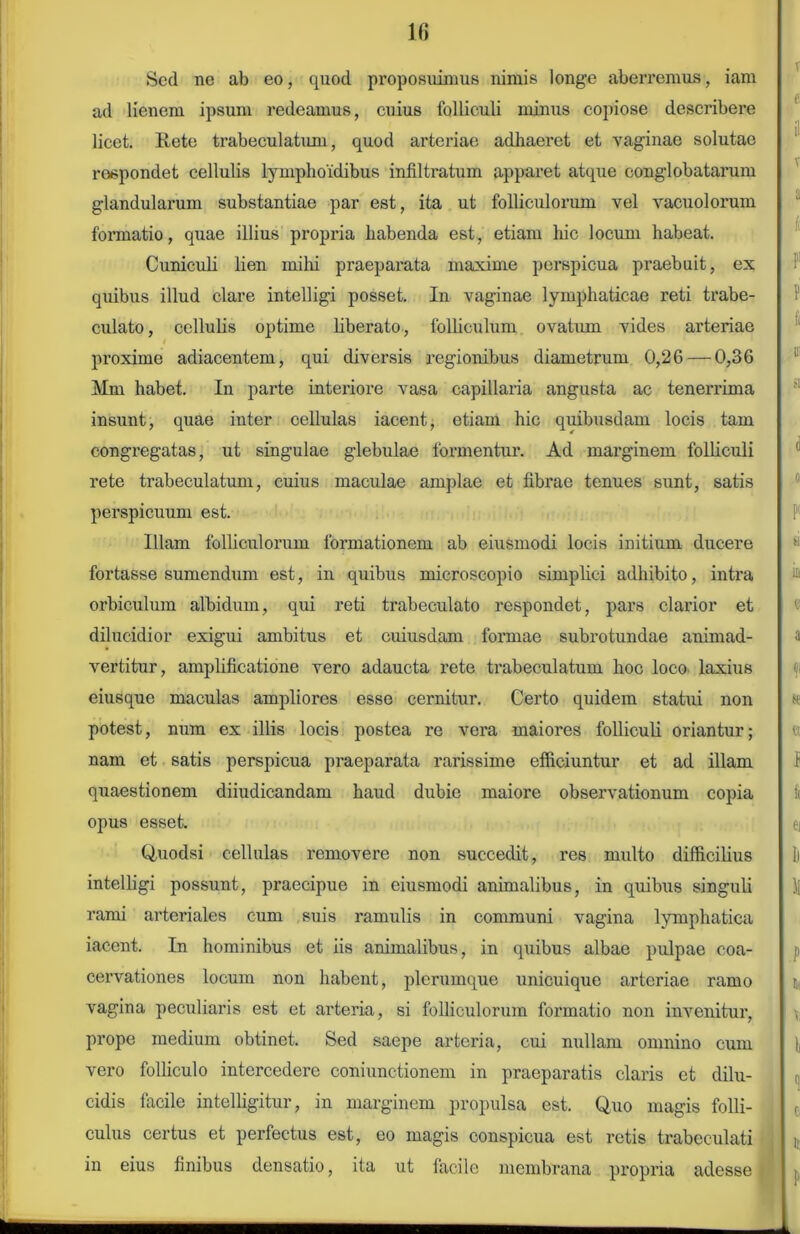 lfi Sed ne ab eo, quod proposuimus nimis longe aberremus, iam ad lienem ipsum redeamus, cuius folliculi minus copiose describere licet. Rete trabeculatum, quod arteriae adhaeret et vaginae solutae respondet cellulis lymphoidibus infiltratum apparet atque conglobatarum glandularum substantiae par est, ita ut folliculorum vel vacuolorum formatio, quae illius propria habenda est, etiam hic locum habeat. Cuniculi lien mihi praeparata maxime perspicua praebuit, ex quibus illud clare intelligi posset. In vaginae lymphaticae reti trabe- culato, cellulis optime liberato, folliculum ovatum vides arteriae proxime adiacentem, qui diversis regionibus diametrum 0,26 — 0,36 Mm habet. In parte interiore vasa capillaria angusta ac tenerrima insunt, quae inter cellulas iacent, etiam hic quibusdam locis tam congregatas, ut singulae glebulae formentur. Ad marginem folliculi rete trabeculatum, cuius maculae amplae et fibrae tenues sunt, satis perspicuum est. Illam folliculorum formationem ab eiusmodi locis initium ducere fortasse sumendum est, in quibus microscopio simplici adhibito, intra orbiculum albidum, qui reti trabeculato respondet, pars clarior et dilucidior exigui ambitus et cuiusdam formae subrotundae animad- vertitur, amplificatione vero adaucta rete trabeculatum hoc loco laxius eiusque maculas ampliores esse cernitur. Certo quidem statui non potest, num ex illis locis postea re vera maiores folliculi oriantur; nam et satis perspicua praeparata rarissime efficiuntur et ad illam quaestionem diiudicandam haud dubie maiore observationum copia opus esset. Quodsi cellulas removere non succedit, res multo difficilius intelligi possunt, praecipue in eiusmodi animalibus, in quibus singuli rami arteriales cum suis ramulis in communi vagina lymphatica iacent. In hominibus et iis animalibus, in quibus albae pulpae coa- cervationes locum non habent, plerumque unicuique arteriae ramo vagina peculiaris est et arteria, si folliculorum formatio non invenitur, prope medium obtinet. Sed saepe arteria, cui nullam omnino cum vero folliculo intercedere coniunctionem in praeparatis claris et dilu- cidis facile intelligitur, in marginem propulsa est. Quo magis folli- culus certus et perfectus est, eo magis conspicua est retis trabeeulati in eius finibus densatio, ita ut facile membrana propria adesse ■