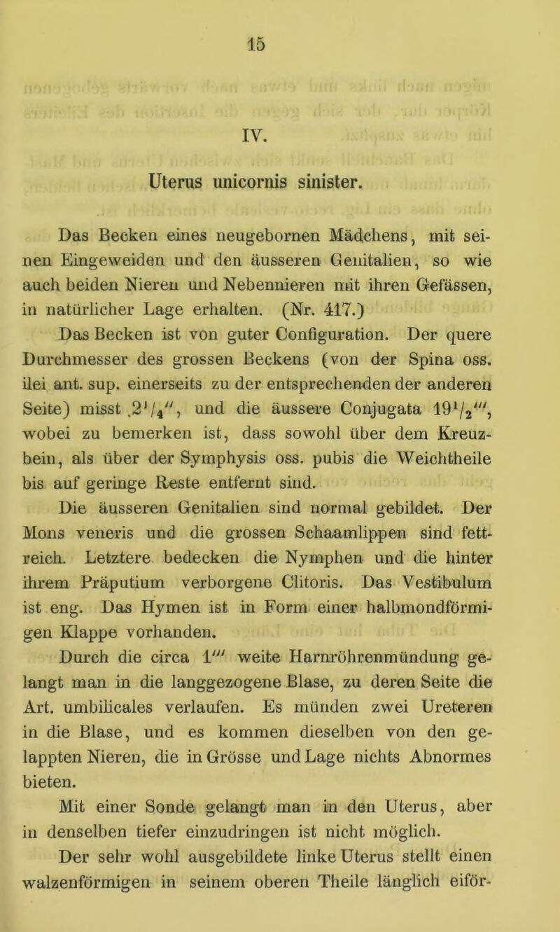 IV. Uterus unicornis sinister. Das Becken eines neugebornen Mädchens, mit sei- nen Eingeweiden und den äusseren Genitalien, so wie auch beiden Nieren und Nebennieren mit ihren Gefässen, in natürlicher Lage erhalten. (Nr. 417.) Das Becken ist von guter Configuration. Der quere Durchmesser des grossen Beckens (von der Spina oss. ilei ant. sup. einerseits zu der entsprechenden der anderen Seite) misst .21 /4, und die äussere Conjugata 19 wobei zu bemerken ist, dass sowohl über dem Kreuz- bein, als über der Syinphysis oss. pubis die Weichtheile bis auf geringe Reste entfernt sind. Die äusseren Genitalien sind normal gebildet. Der Mons veneris und die grossen Schaamlippen sind fett- reich. Letztere bedecken die Nymphen und die hinter ihrem Präputium verborgene Clitoris. Das Vestibulum ist eng. Das Hymen ist in Form einer halbmondförmi- gen Klappe vorhanden. Durch die circa 1' weite Harnröhrenmündung ge- langt man in die langgezogene Blase, zu deren Seite die Art. umbilicales verlaufen. Es münden zwei Ureteren in die Blase, und es kommen dieselben von den ge- lappten Nieren, die in Grösse und Lage nichts Abnormes bieten. Mit einer Sonde gelangt man in den Uterus, aber in denselben tiefer einzudringen ist nicht möglich. Der sehr wohl ausgebildete linke Uterus stellt einen walzenförmigen in seinem oberen Theile länglich eiför-