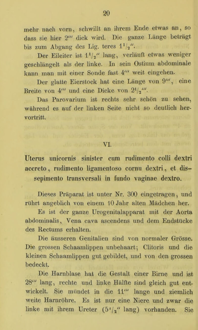 mehr nach vorn, schwillt an ihrem Ende etwas an, so dass sie hier 2' dick wird. Die ganze Länge beträgt bis zum Abgang des Lig. teres l’/V'- Der Eileiter ist l1/2,/ lang, verläuft etwas weniger geschlängelt als der linke. In sein Ostiuin abdominale kann man mit einer Sonde fast 4' weit eingehen. Der glatte Eierstock hat eine Länge von 9', eine Breite von 4' und eine Dicke von 21/2///- Das Parovarium ist rechts sehr schön zu sehen, während es auf der linken Seite nicht so deutlich her- vortritt. VI. Uterus unicornis sinister cum rudimento colli dextri accreto, rudimento ligamentoso cornu dextri, et dis— sepimento transversali in fundo vaginae dextro. Dieses Präparat ist unter Nr. 300 eingetragen, und rührt angeblich von einem 10 Jahr alten Mädchen her. Es ist der ganze Urogenitalapparat mit der Aorta abdominalis, Vena cava ascendens und dem Endstücke des Rectums erhalten. Die äusseren Genitalien sind von normaler Grösse. Die grossen Schaamlippen unbehaart; Clitoris und die kleinen Schaamlippen gut gebildet, und von den grossen bedeckt. Die Harnblase hat die Gestalt einer Birne und ist 28' lang, rechte und linke Hälfte sind gleich gut ent- wickelt. Sie mündet in die 11' lange und ziemlich weite Harnröhre. Es ist nur eine Niere und zwar die linke mit ihrem Ureter (5'/2 lang) vorhanden. Sie
